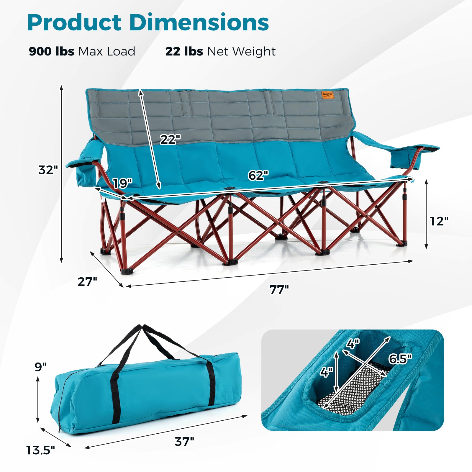 3 Person Folding Camping Chair with 2 Cup Holders Cotton Padding & Storage Bag, Blue Camping Furniture at Gallery Canada
