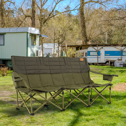 3 Person Folding Camping Chair with 2 Cup Holders Cotton Padding & Storage Bag, Green