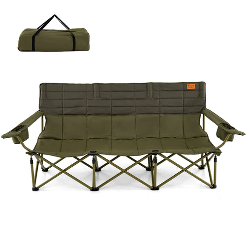 3 Person Folding Camping Chair with 2 Cup Holders Cotton Padding & Storage Bag, Green