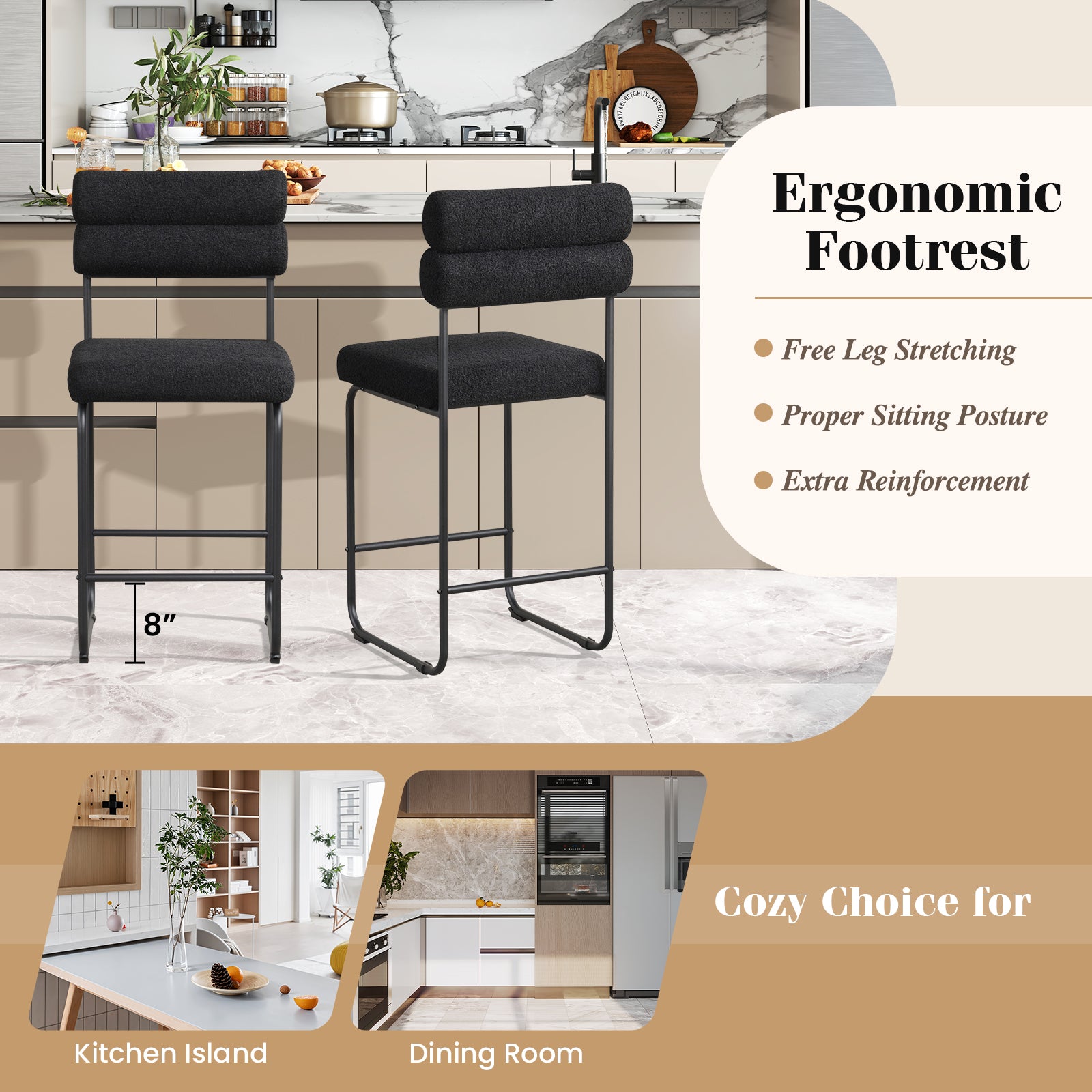 26 Inch Counter Height Bar Stools Set of 2 with Metal Frame and Footrest, Black Bar Stools at Gallery Canada