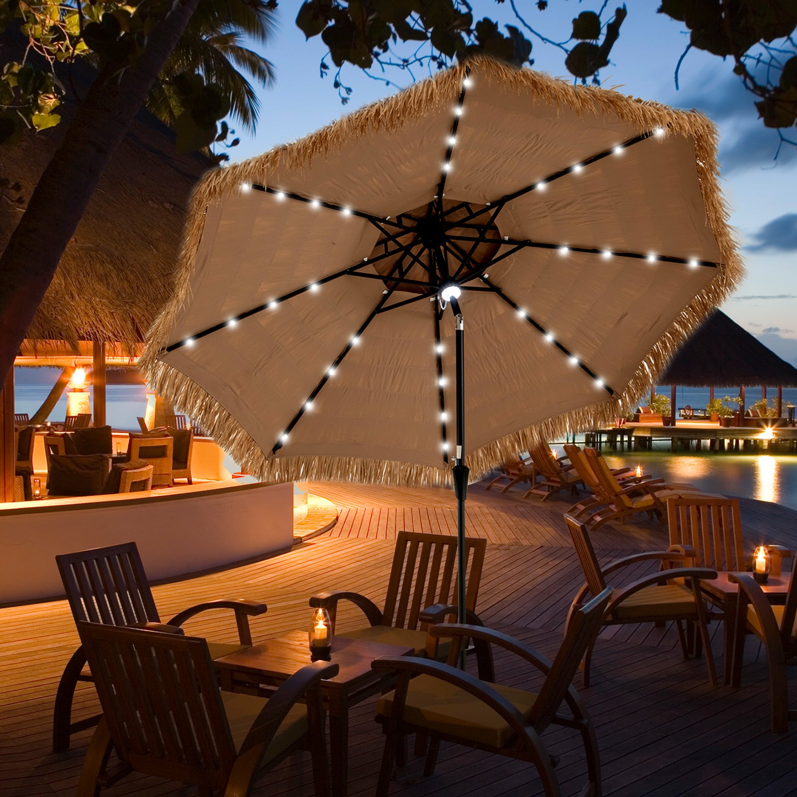 10 Feet Hawaiian Style Solar Lighted Thatched Tiki Patio Umbrella Outdoor Umbrellas at Gallery Canada