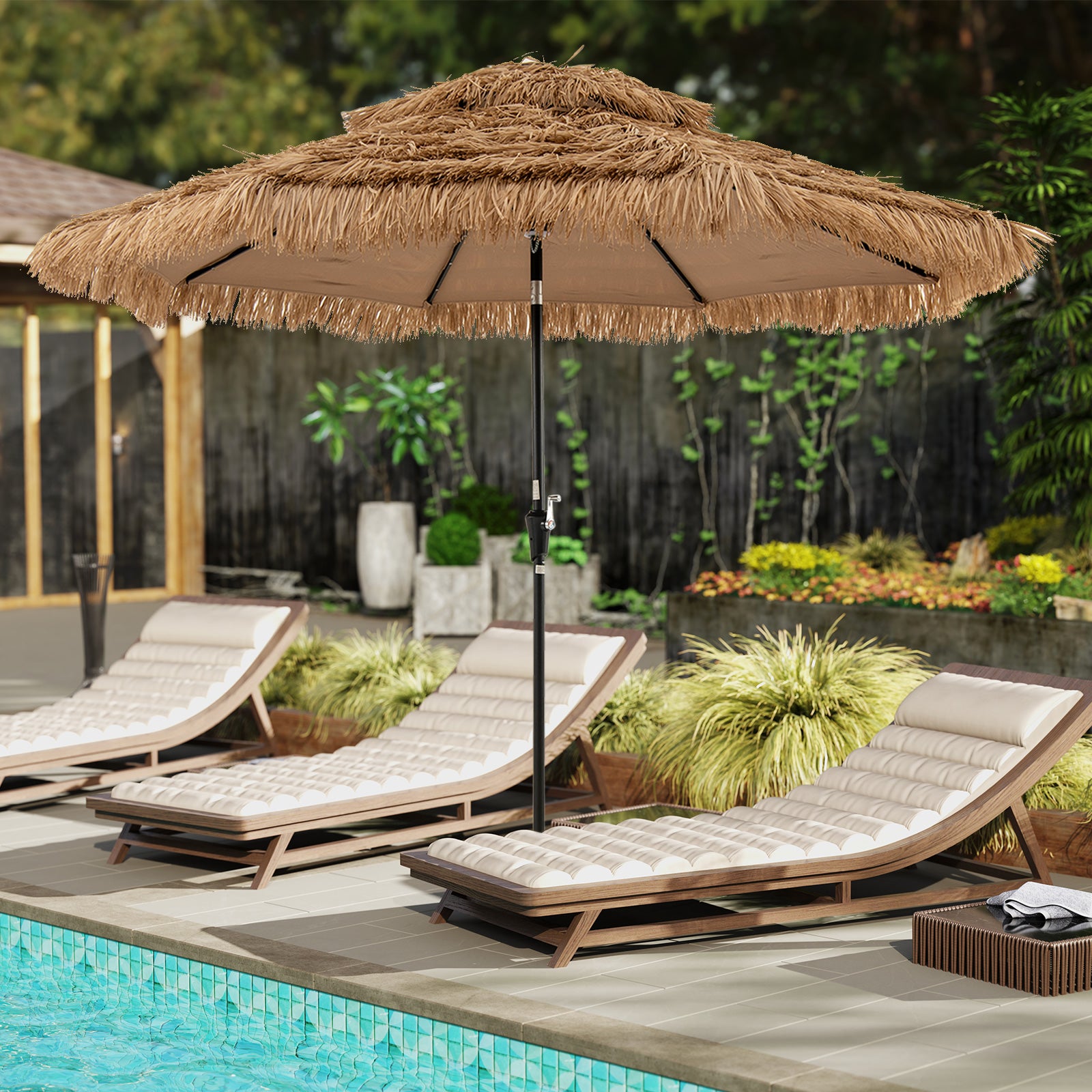 10 Feet Hawaiian Style Solar Lighted Thatched Tiki Patio Umbrella Outdoor Umbrellas at Gallery Canada