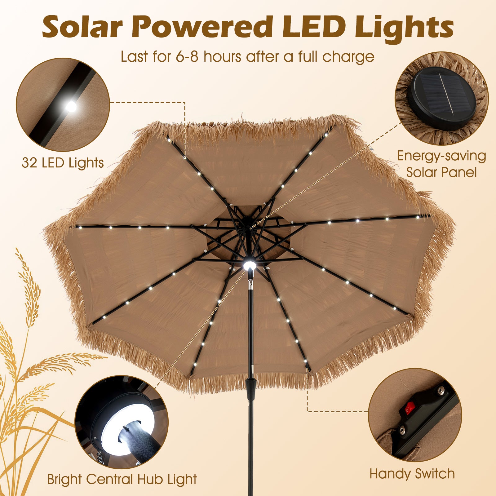 10 Feet Hawaiian Style Solar Lighted Thatched Tiki Patio Umbrella Outdoor Umbrellas at Gallery Canada