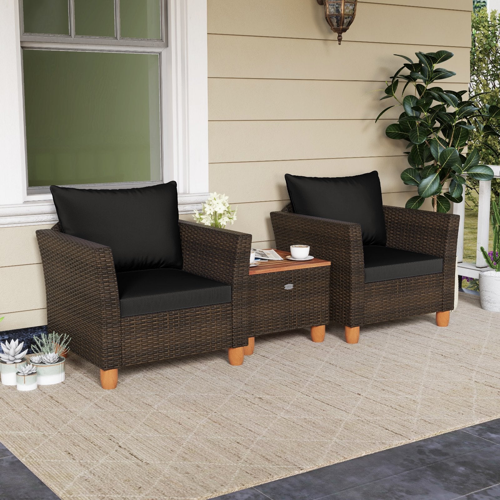 3 Pieces Patio PE Wicker Furniture Set with Cushions and Acacia Wood Storage Coffee Table, Black Patio Conversation Sets at Gallery Canada