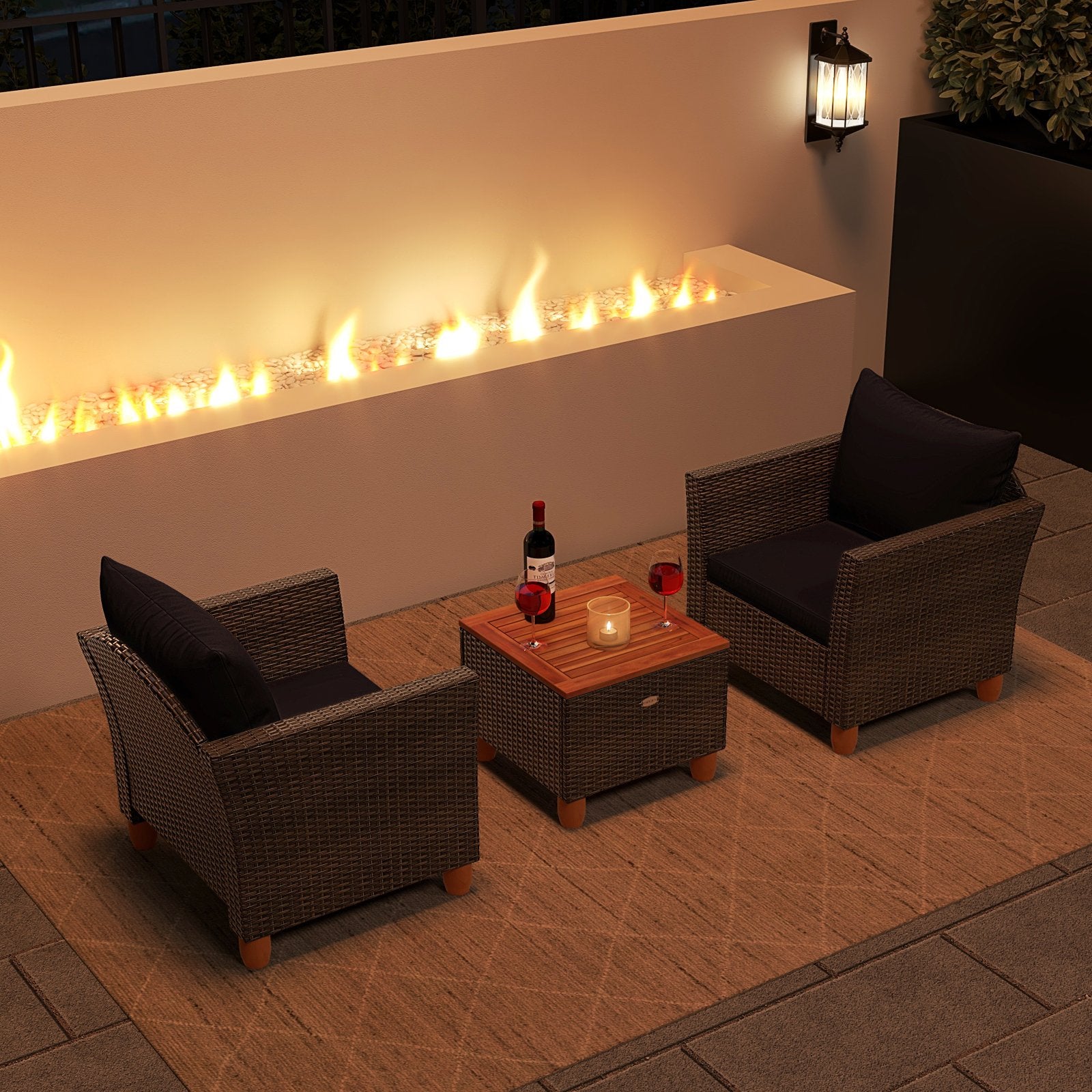 3 Pieces Patio PE Wicker Furniture Set with Cushions and Acacia Wood Storage Coffee Table, Black Patio Conversation Sets at Gallery Canada