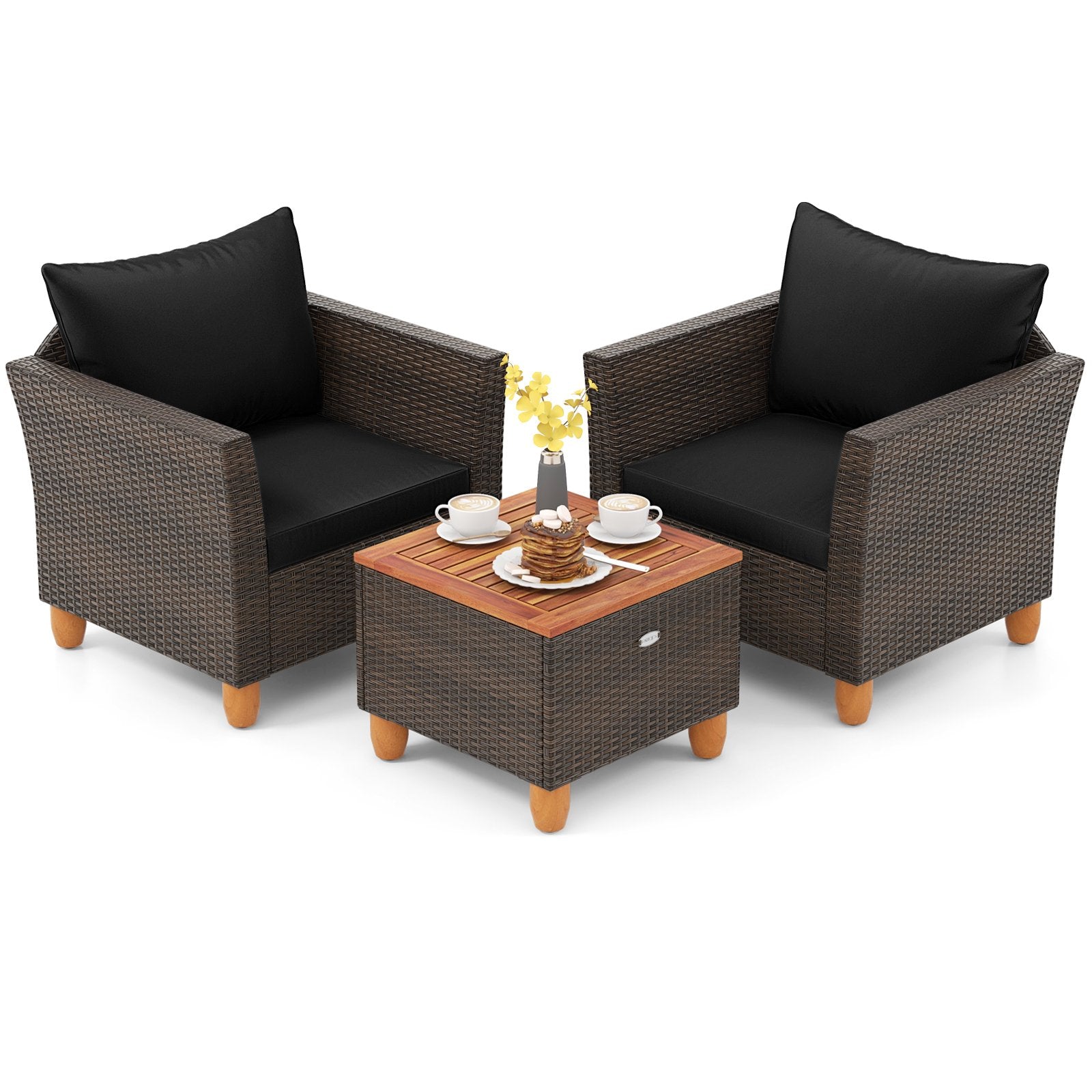 3 Pieces Patio PE Wicker Furniture Set with Cushions and Acacia Wood Storage Coffee Table, Black Patio Conversation Sets Black at Gallery Canada
