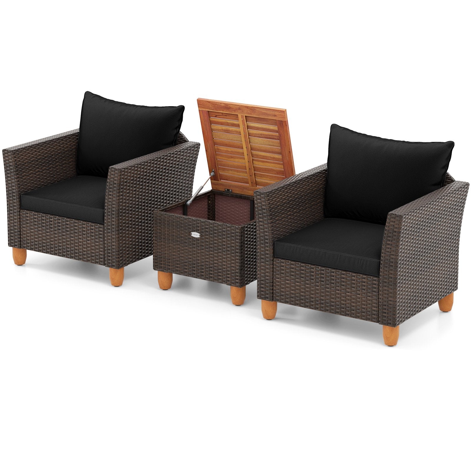 3 Pieces Patio PE Wicker Furniture Set with Cushions and Acacia Wood Storage Coffee Table, Black Patio Conversation Sets at Gallery Canada