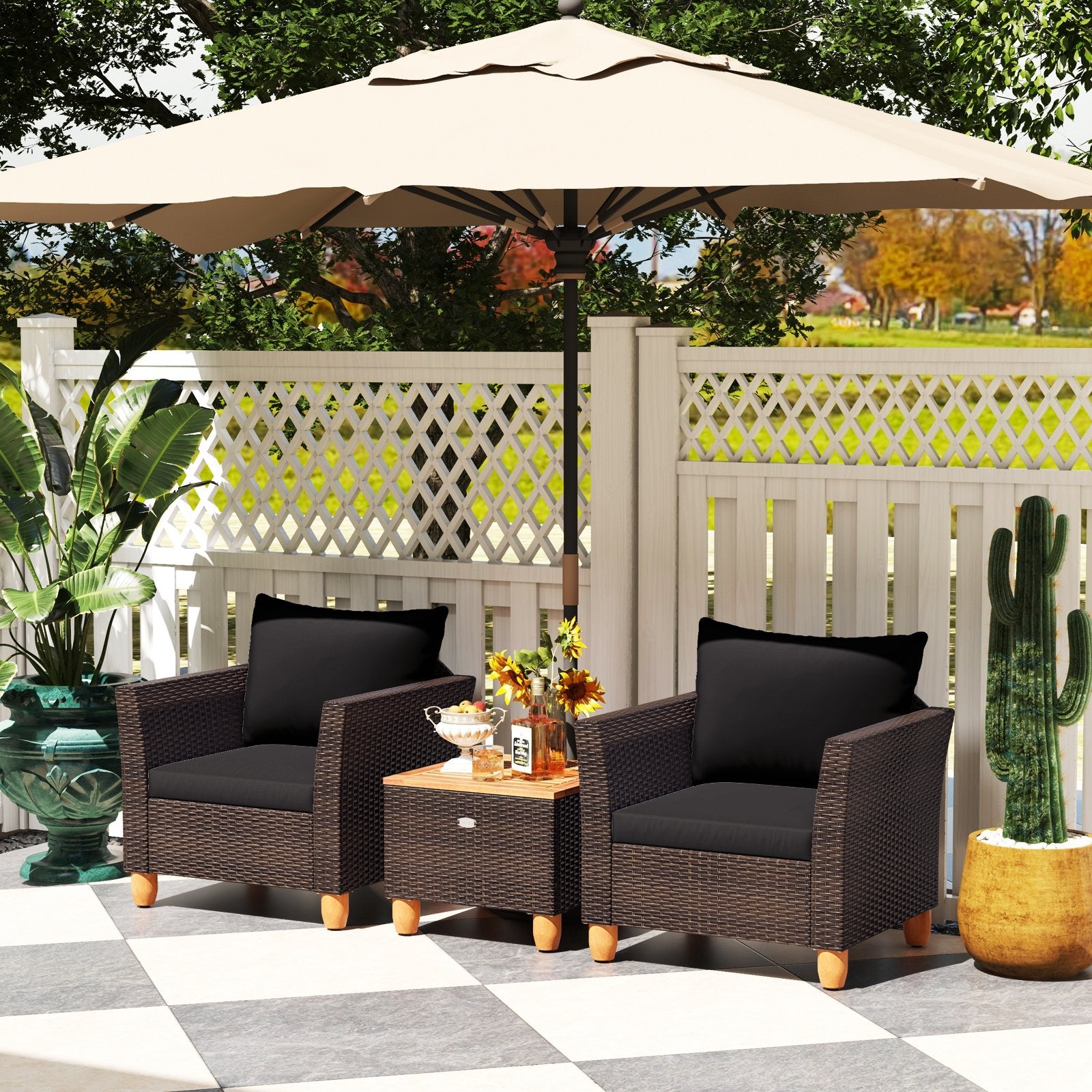 3 Pieces Patio PE Wicker Furniture Set with Cushions and Acacia Wood Storage Coffee Table, Black Patio Conversation Sets at Gallery Canada