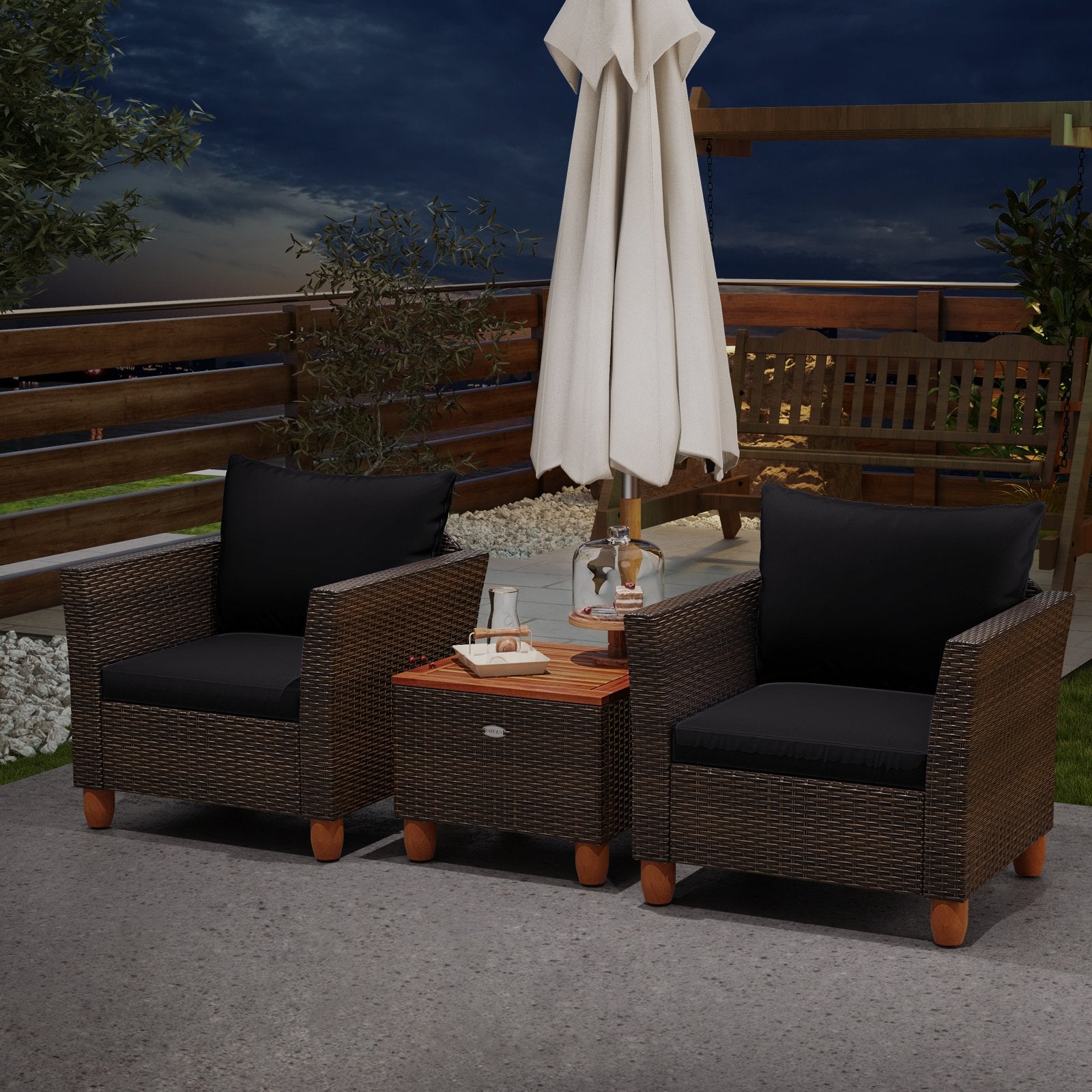 3 Pieces Patio PE Wicker Furniture Set with Cushions and Acacia Wood Storage Coffee Table, Black Patio Conversation Sets at Gallery Canada