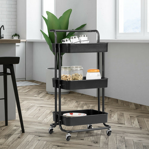 3-Tier Utility Cart Storage Rolling Cart with Casters, Black