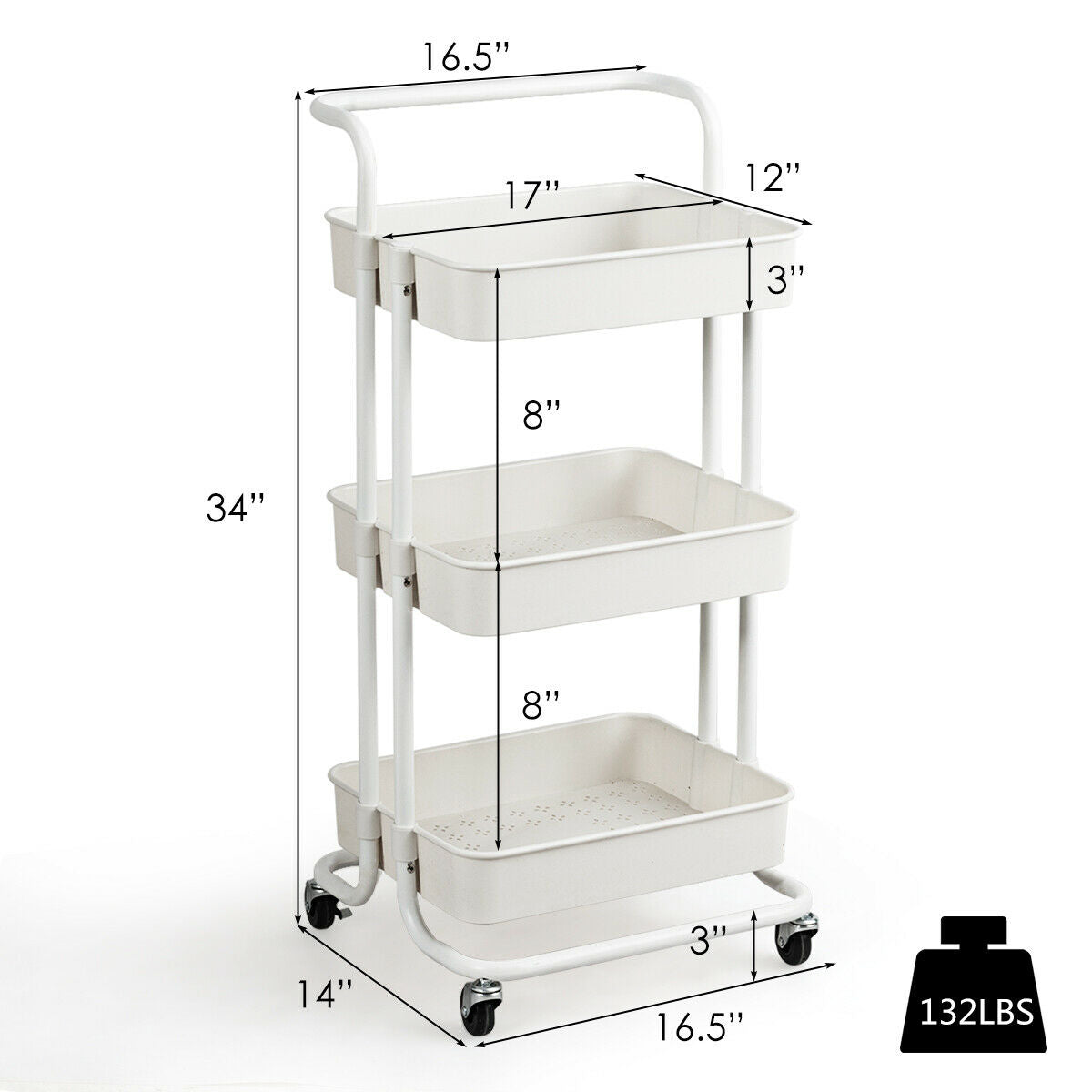 3-Tier Utility Cart Storage Rolling Cart with Casters, White Kitchen Islands & Carts at Gallery Canada