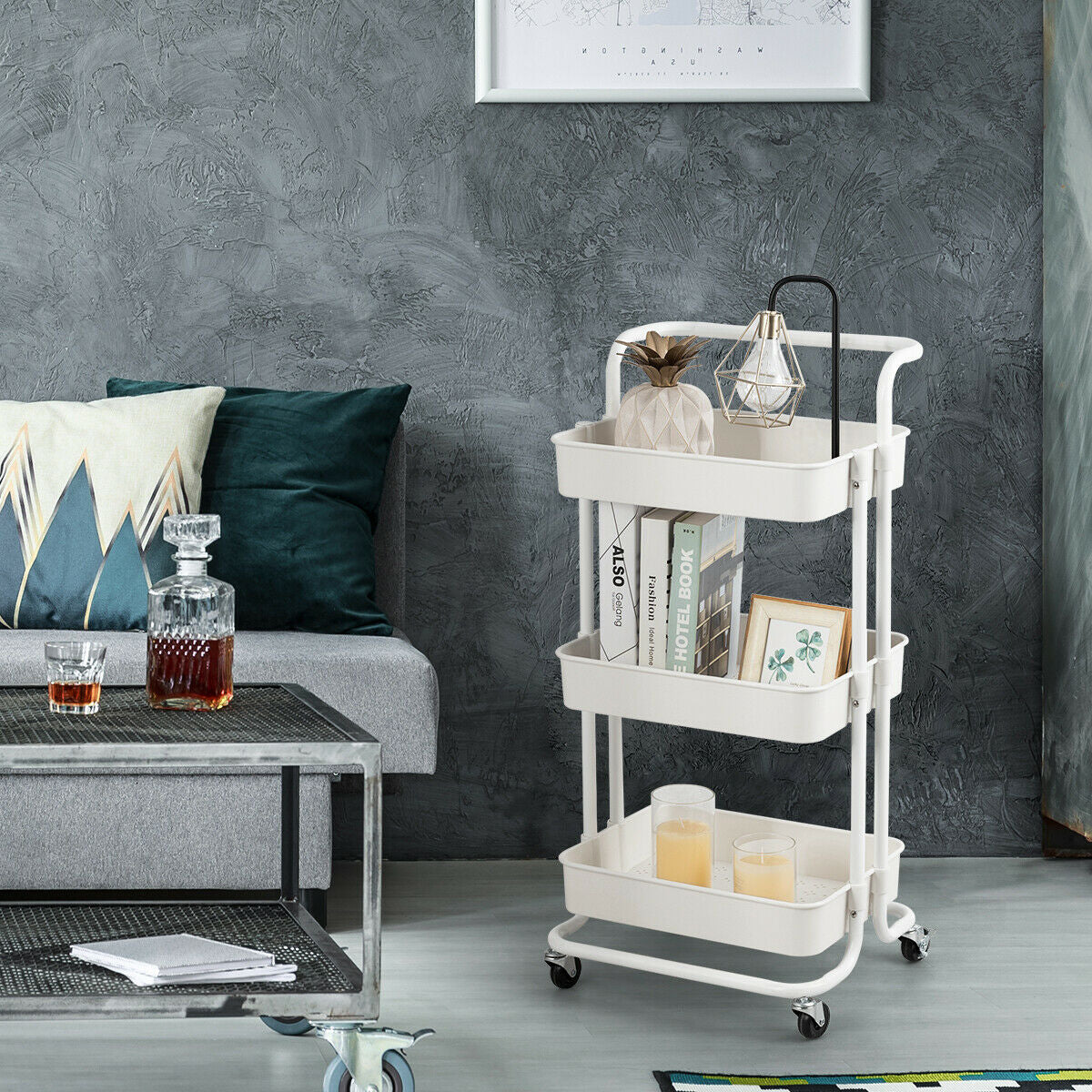 3-Tier Utility Cart Storage Rolling Cart with Casters, White Kitchen Islands & Carts at Gallery Canada