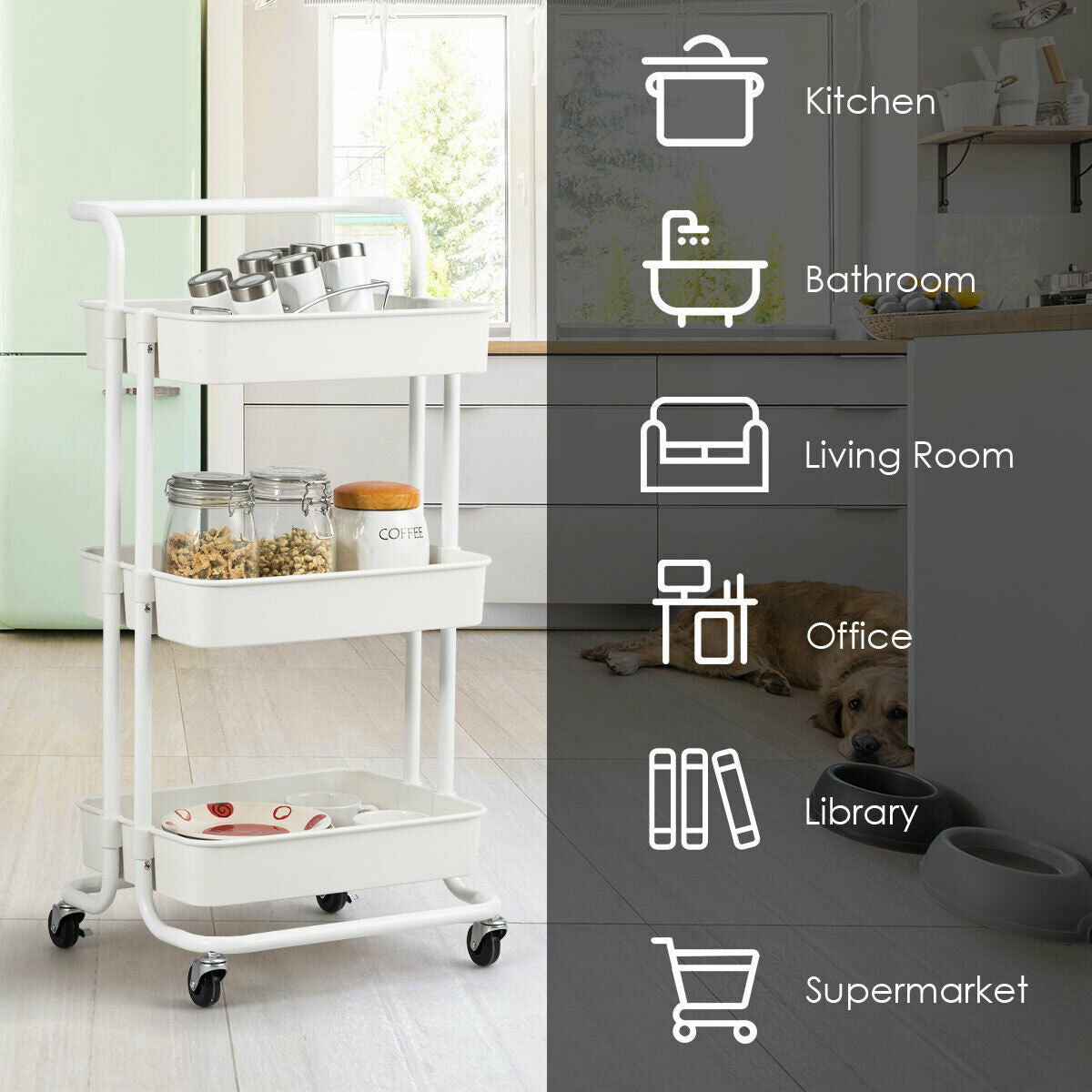 3-Tier Utility Cart Storage Rolling Cart with Casters, White Kitchen Islands & Carts at Gallery Canada