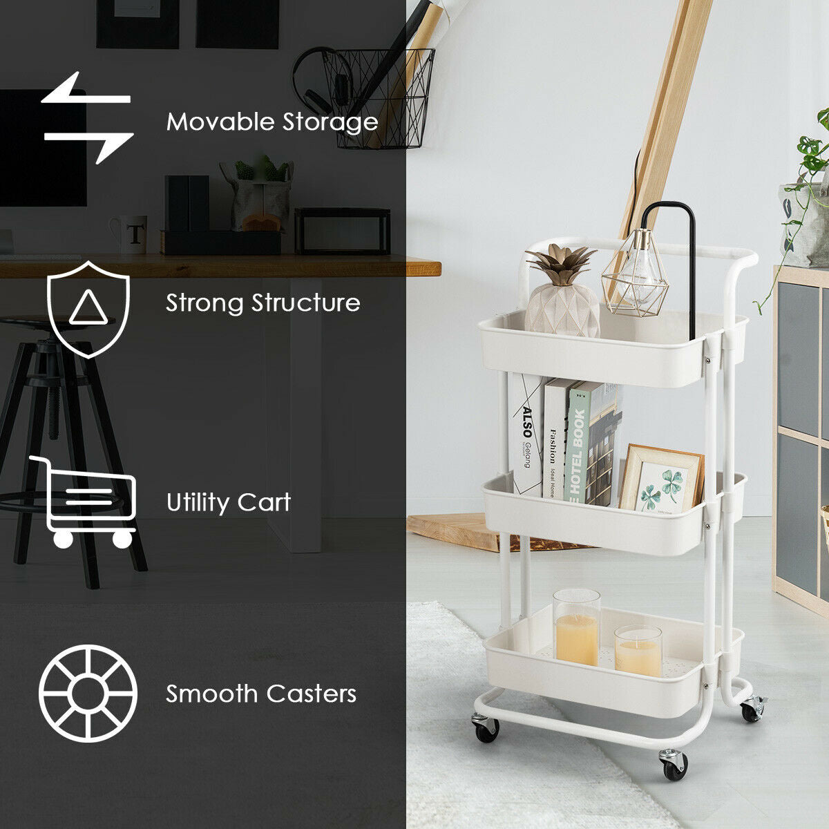3-Tier Utility Cart Storage Rolling Cart with Casters, White Kitchen Islands & Carts at Gallery Canada