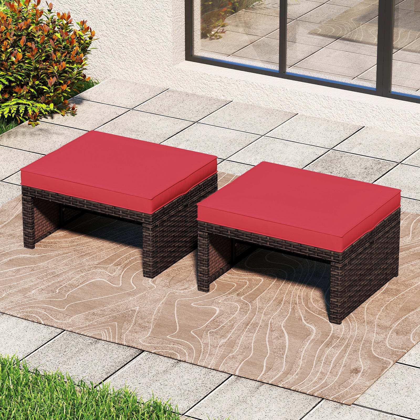 Multipurpose Outdoor 2 Pieces Patio PE Rattan Ottomans Footstool, Red Outdoor Seating & Patio Chairs at Gallery Canada