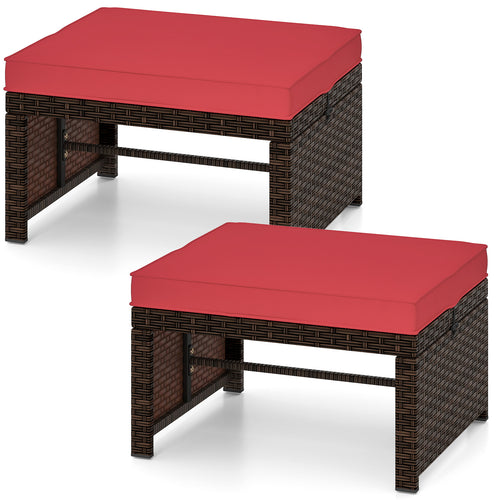 Multipurpose Outdoor 2 Pieces Patio PE Rattan Ottomans Footstool, Red