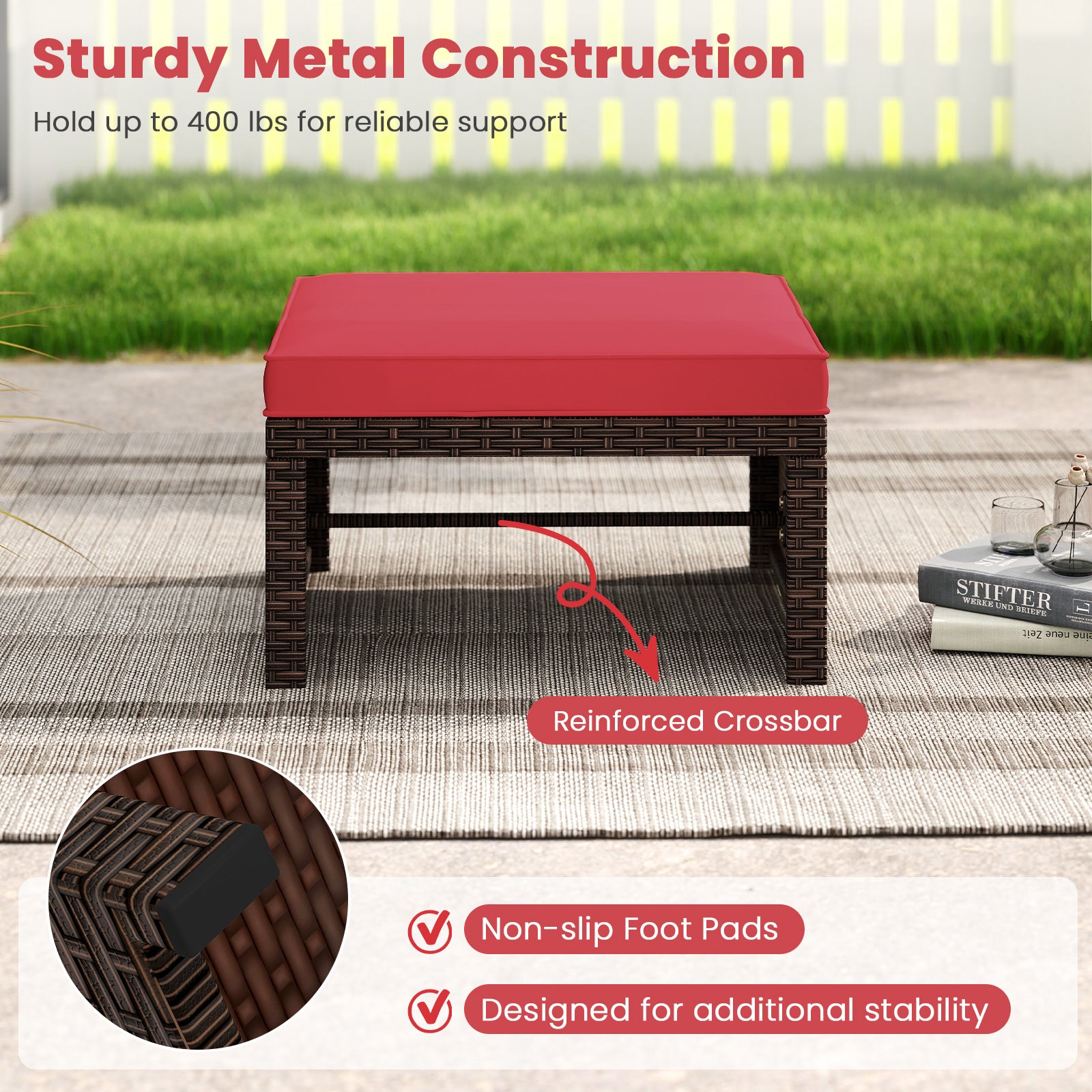 Multipurpose Outdoor 2 Pieces Patio PE Rattan Ottomans Footstool, Red Outdoor Seating & Patio Chairs at Gallery Canada