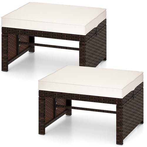 Multipurpose Outdoor 2 Pieces Patio PE Rattan Ottomans Footstool, White