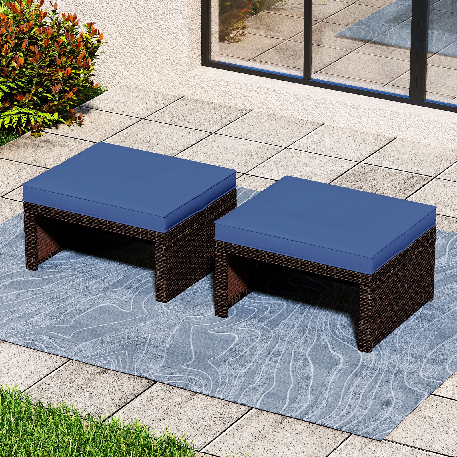 Multipurpose Outdoor 2 Pieces Patio PE Rattan Ottomans Footstool, Navy Outdoor Seating & Patio Chairs at Gallery Canada