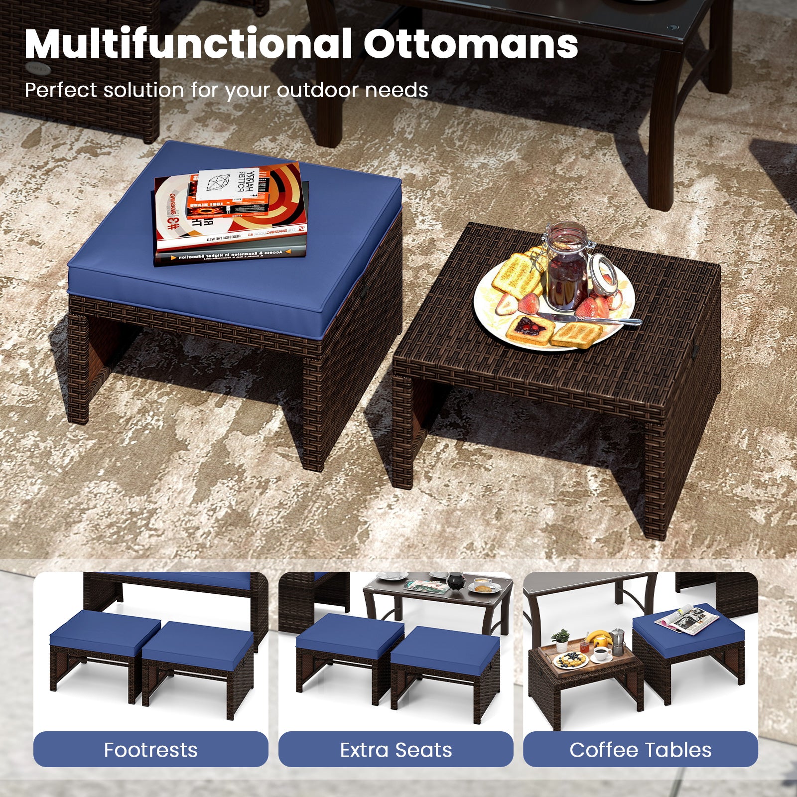 Multipurpose Outdoor 2 Pieces Patio PE Rattan Ottomans Footstool, Navy Outdoor Seating & Patio Chairs at Gallery Canada