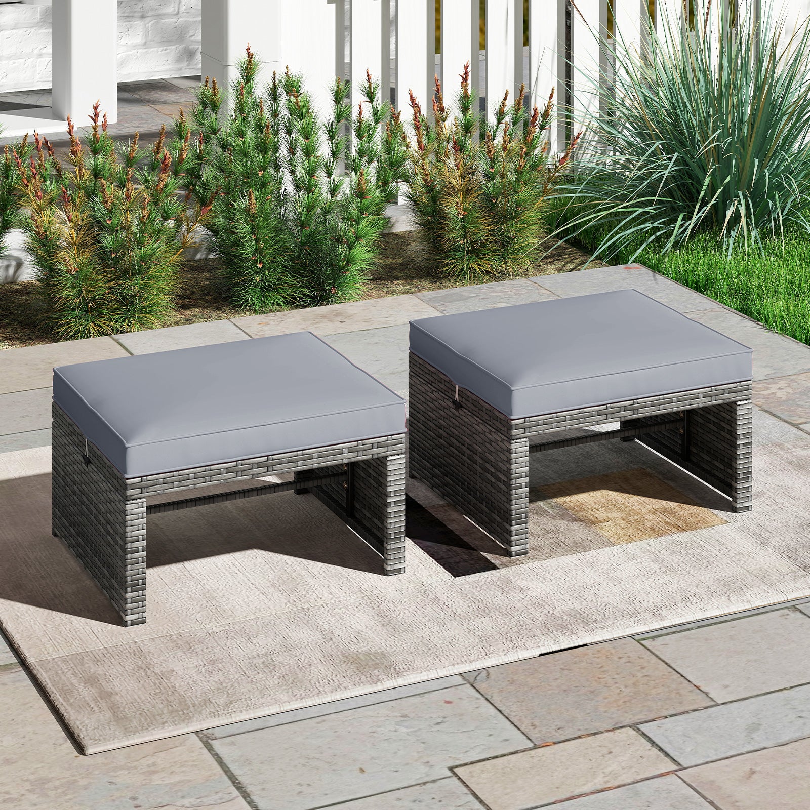 2 Pieces Patio PE Rattan Ottomans with Soft Zippered Cushions for Deck, Gray Outdoor Seating & Patio Chairs at Gallery Canada
