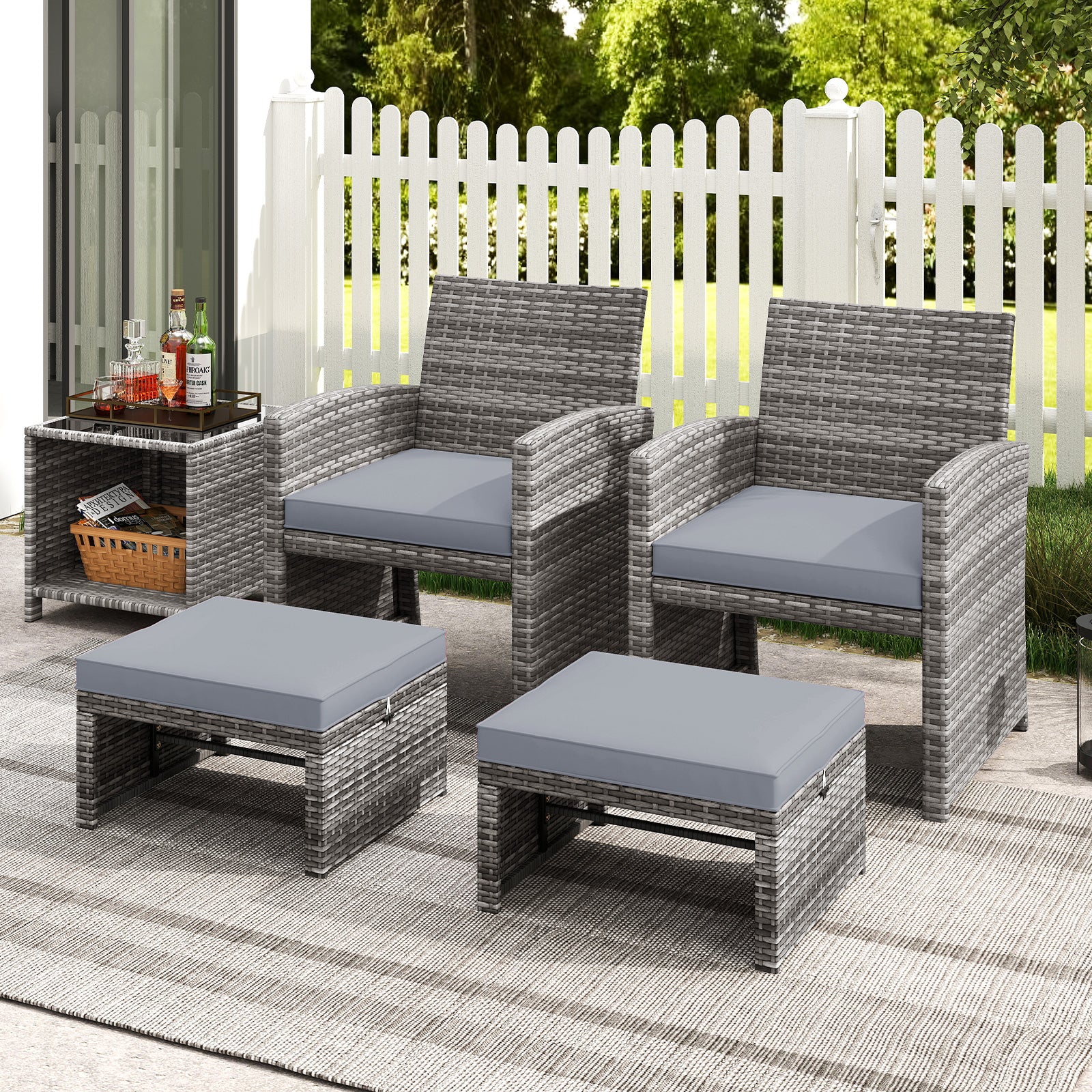 2 Pieces Patio PE Rattan Ottomans with Soft Zippered Cushions for Deck, Gray Outdoor Seating & Patio Chairs at Gallery Canada