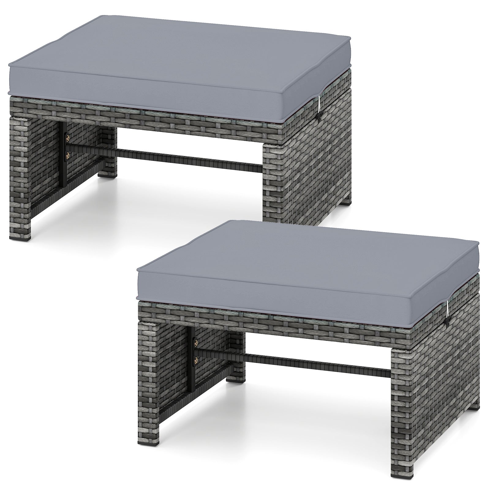 2 Pieces Patio PE Rattan Ottomans with Soft Zippered Cushions for Deck, Gray Outdoor Seating & Patio Chairs Gray at Gallery Canada