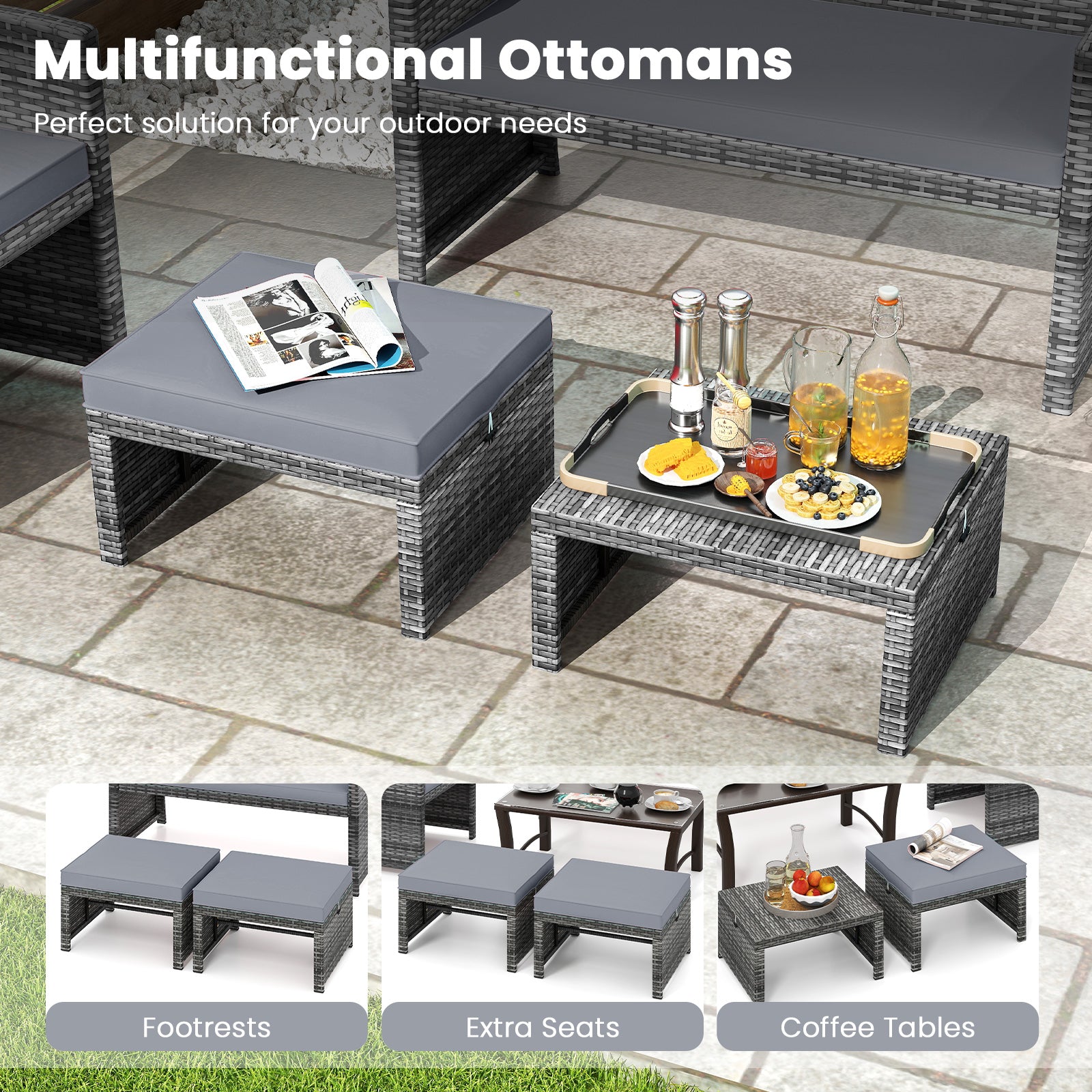 2 Pieces Patio PE Rattan Ottomans with Soft Zippered Cushions for Deck, Gray Outdoor Seating & Patio Chairs at Gallery Canada