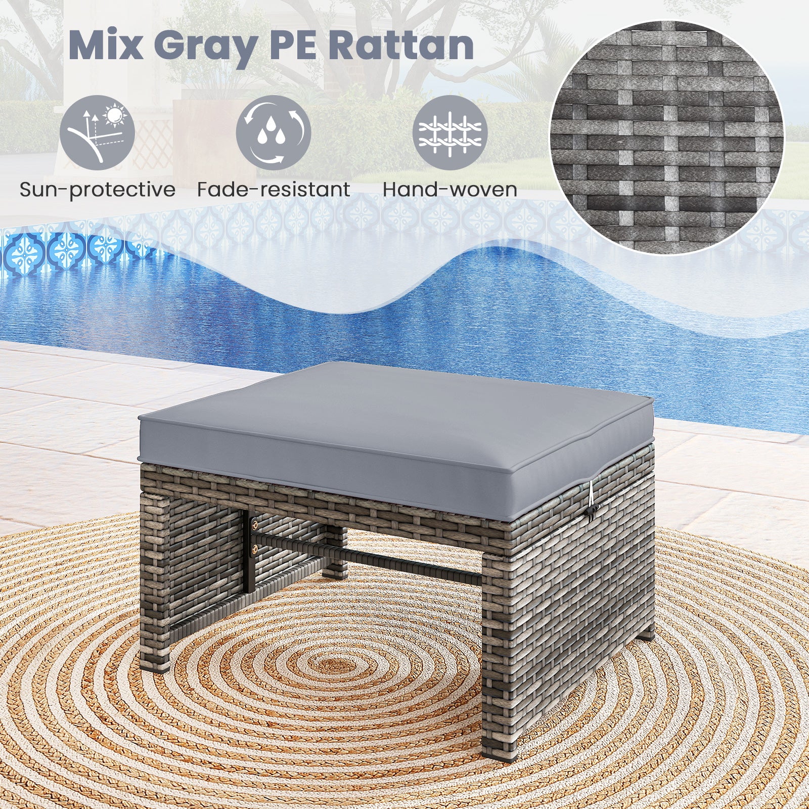 2 Pieces Patio PE Rattan Ottomans with Soft Zippered Cushions for Deck, Gray Outdoor Seating & Patio Chairs at Gallery Canada