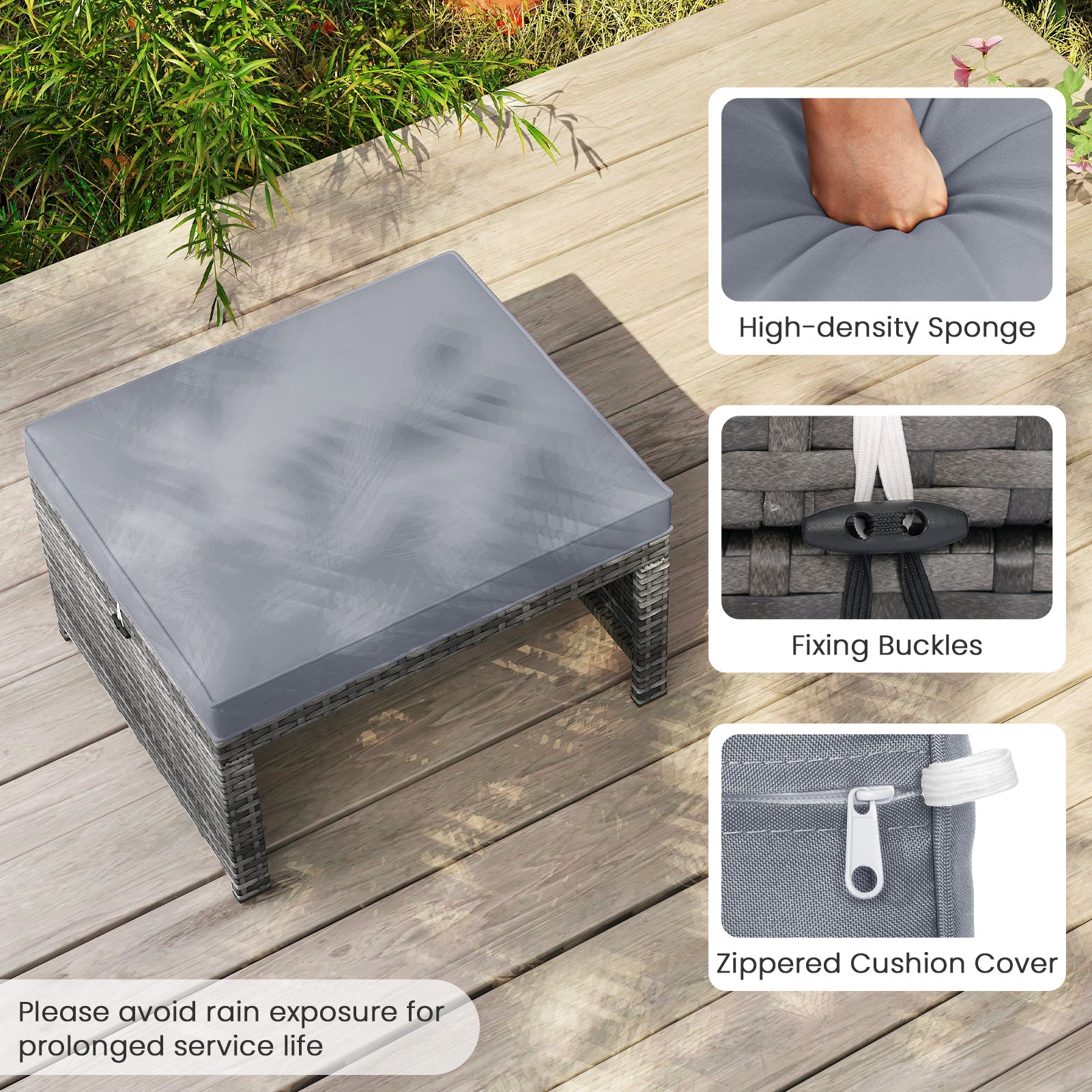 2 Pieces Patio PE Rattan Ottomans with Soft Zippered Cushions for Deck, Gray Outdoor Seating & Patio Chairs at Gallery Canada
