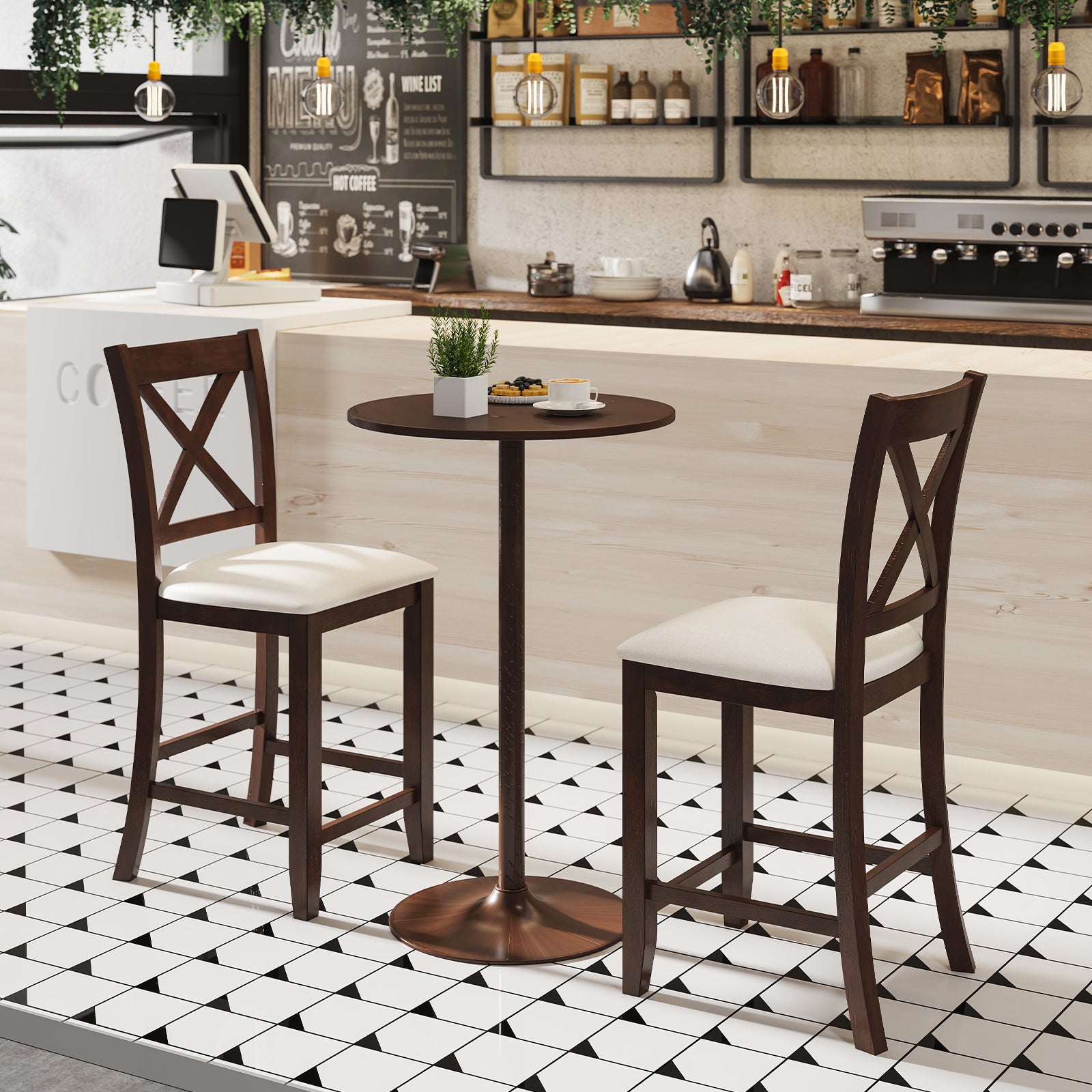Modern Farmhouse Counter Height Stools with Footrest and Cushion, Walnut Bar Stools at Gallery Canada