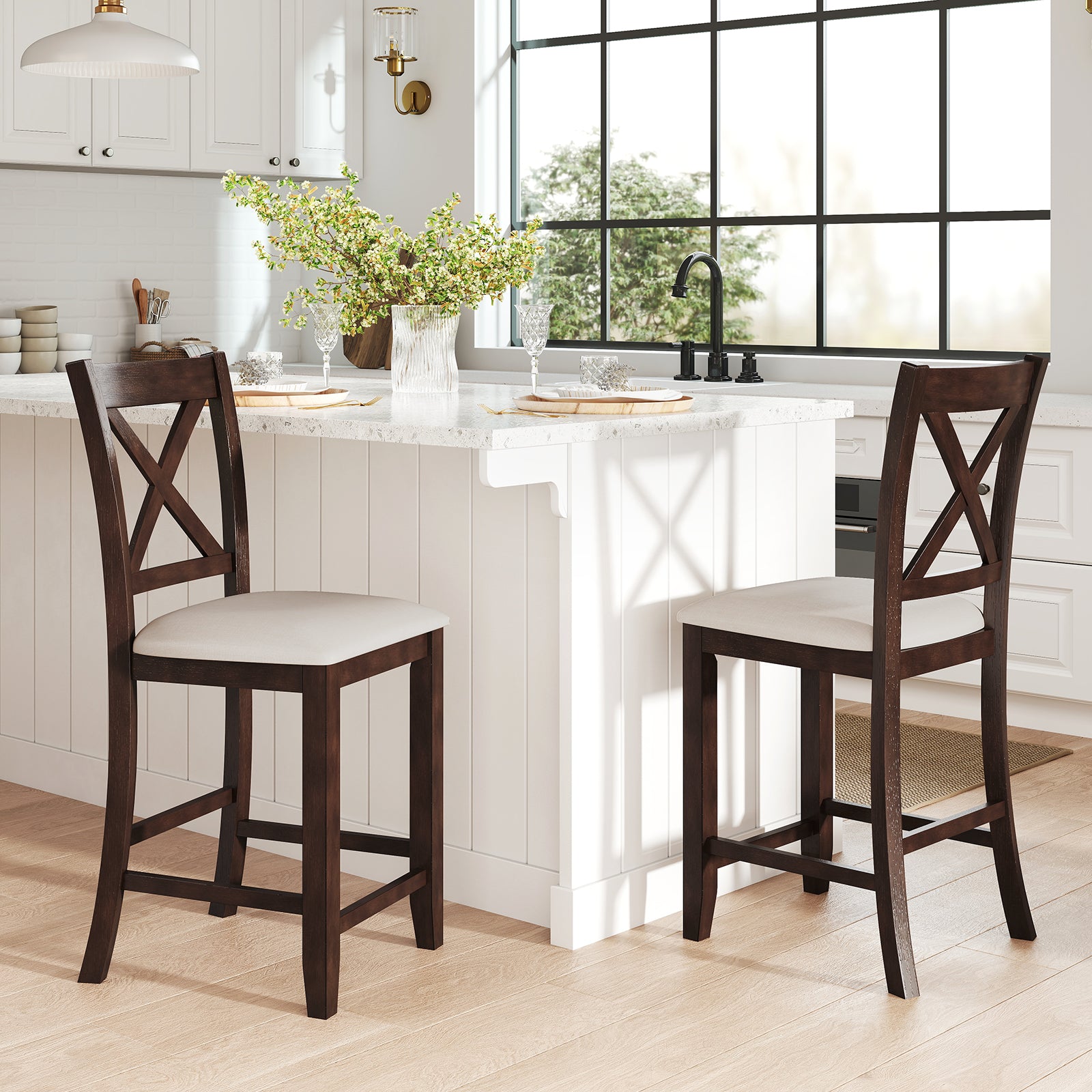 Modern Farmhouse Counter Height Stools with Footrest and Cushion, Walnut Bar Stools at Gallery Canada