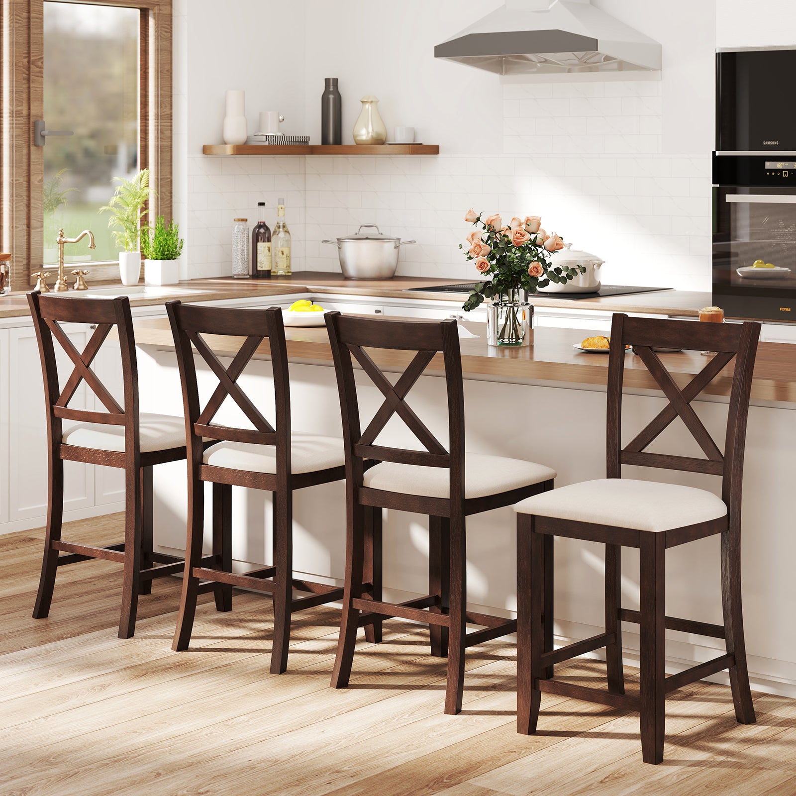 Modern Farmhouse Counter Height Stools with Footrest and Cushion, Walnut Bar Stools at Gallery Canada