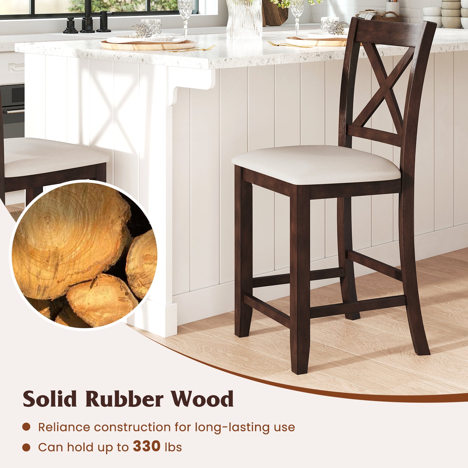 Modern Farmhouse Counter Height Stools with Footrest and Cushion, Walnut Bar Stools at Gallery Canada