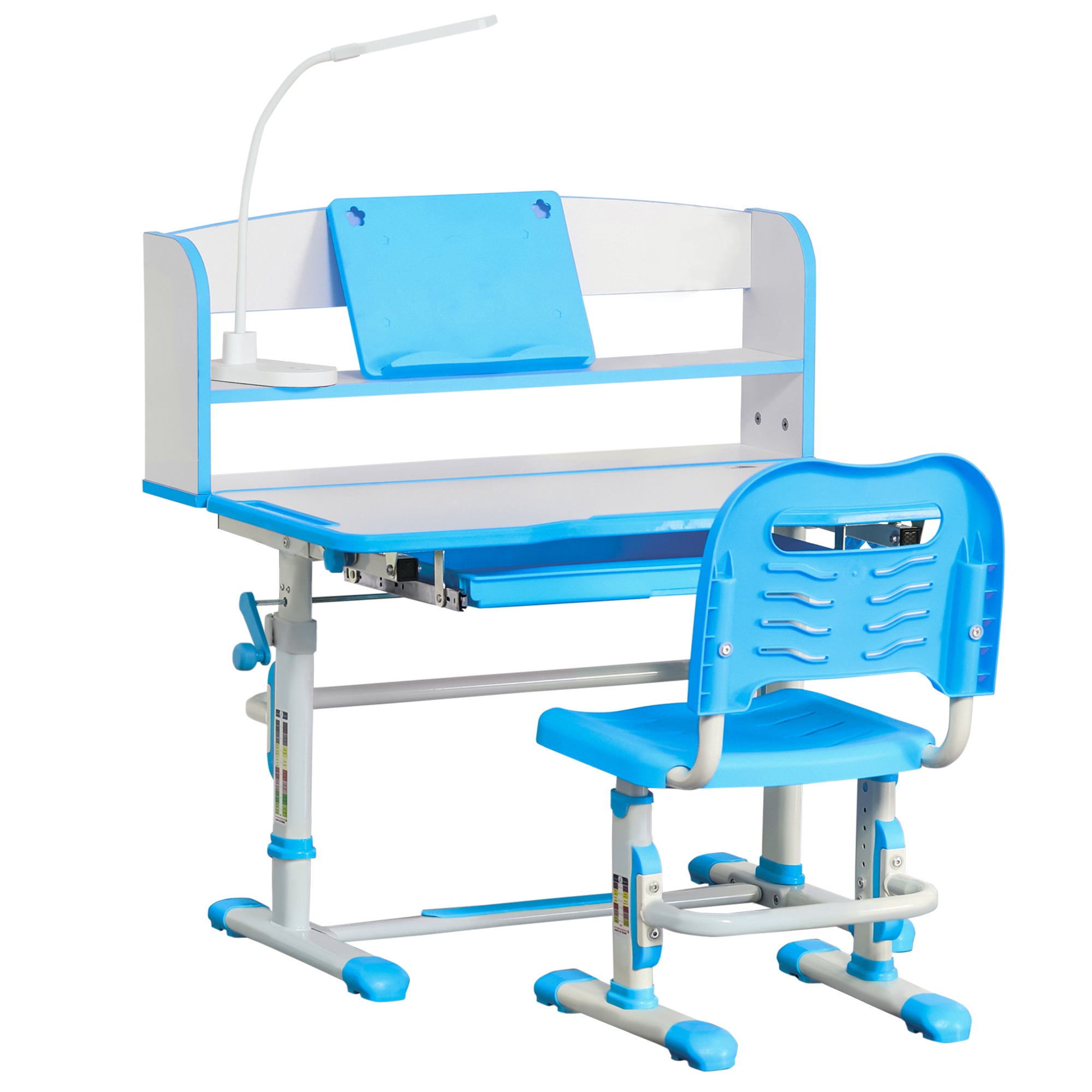 Kids Desk and Chair Set with Easy Rotation Handle, Height Adjustable Study Table and Chair Set with LED Lamp, Bookshelf, Drawer, Reading Board, Pen Slot, Hook, Blue Kids Desk Sets Blue at Gallery Canada