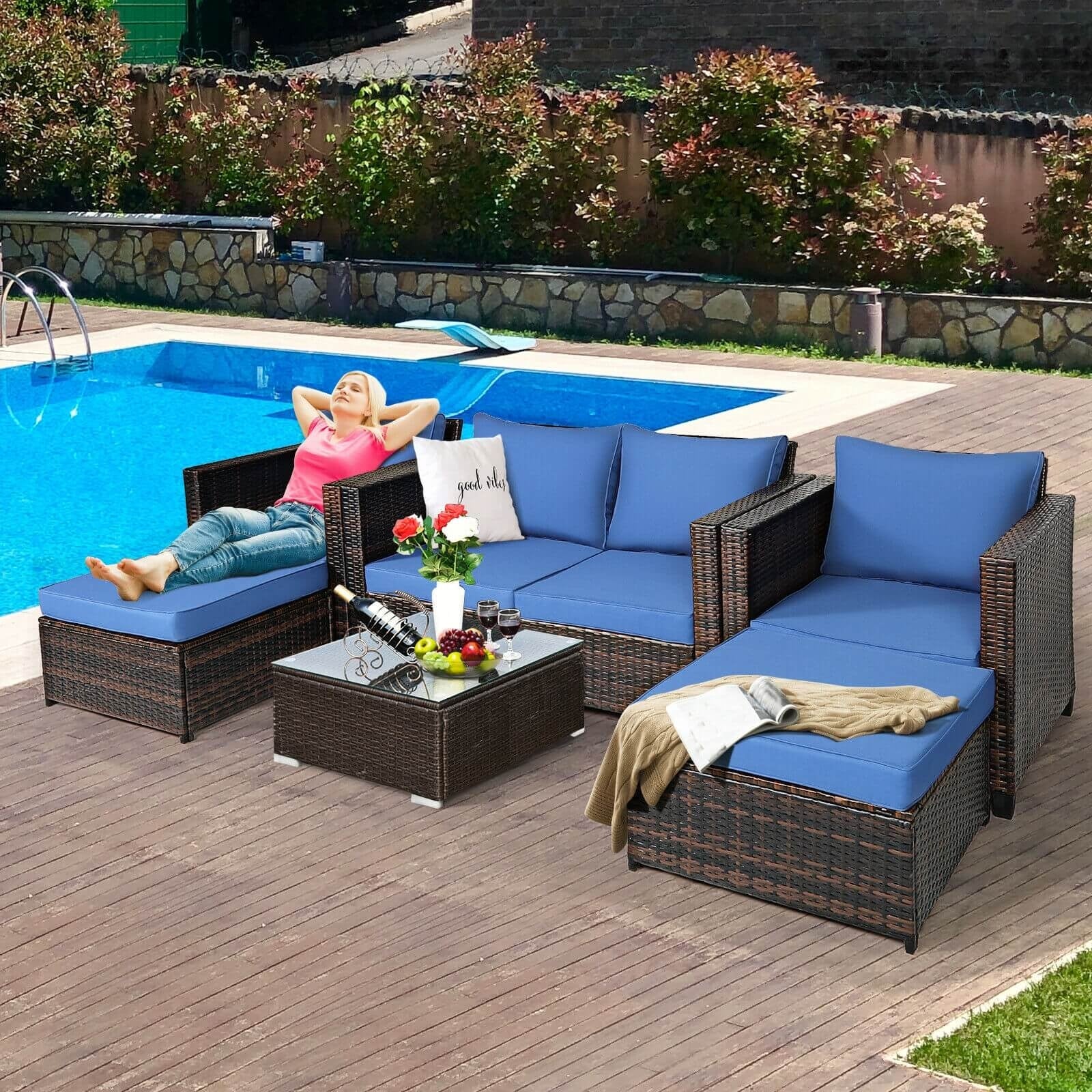 5 Pieces Patio Cushioned Rattan Furniture Set, Navy Outdoor Sectionals at Gallery Canada
