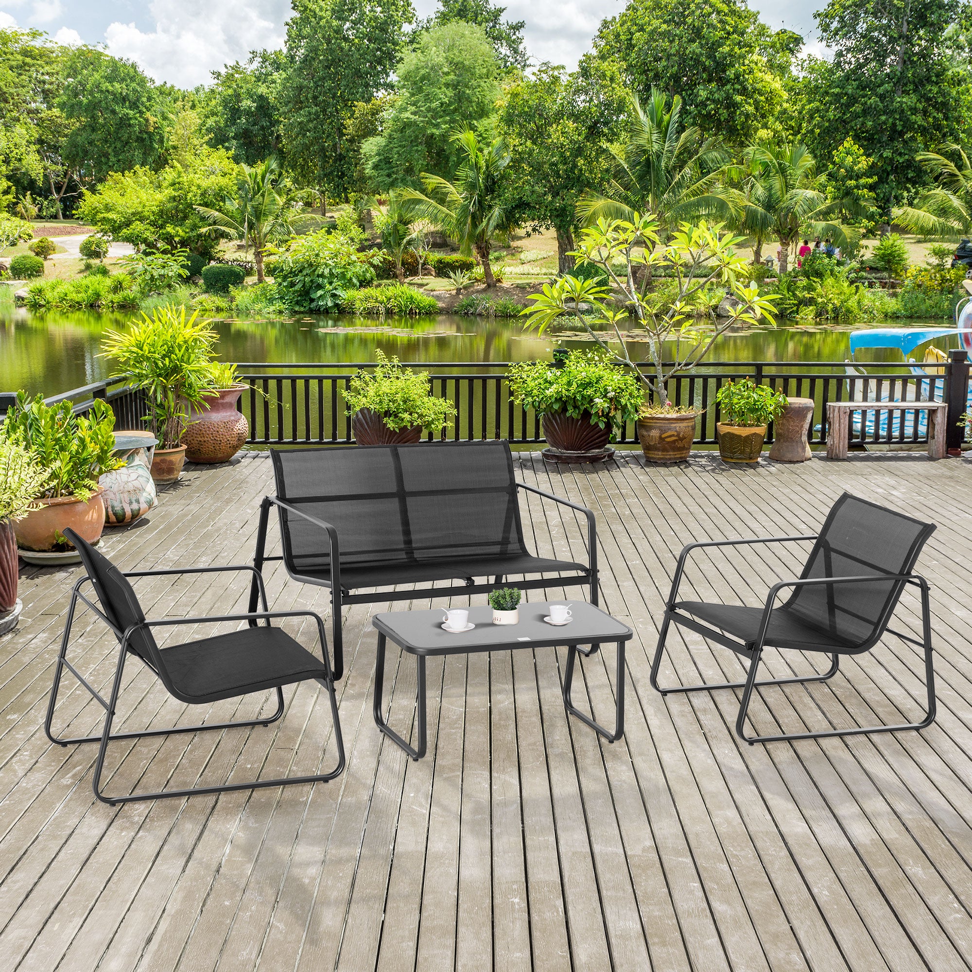 4 PCs Patio Furniture Set with Texteline Seat Outdoor Conversation Set with Loveseat, Center Coffee Table for Garden Backyard Deck, Black Patio Furniture Sets at Gallery Canada