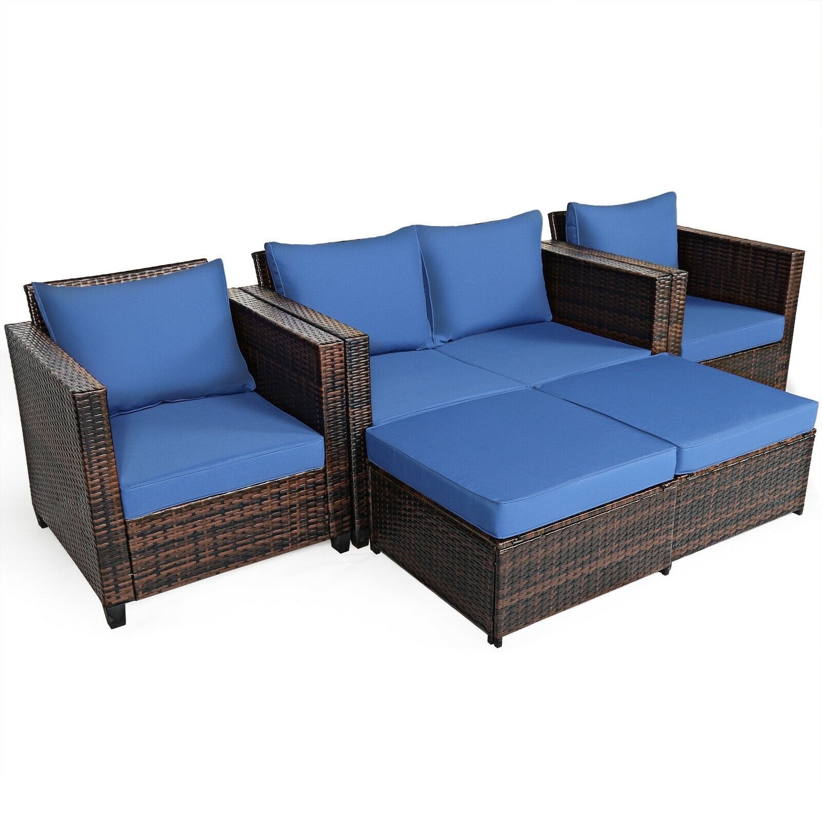 5 Pieces Patio Cushioned Rattan Furniture Set, Navy Outdoor Sectionals   at Gallery Canada