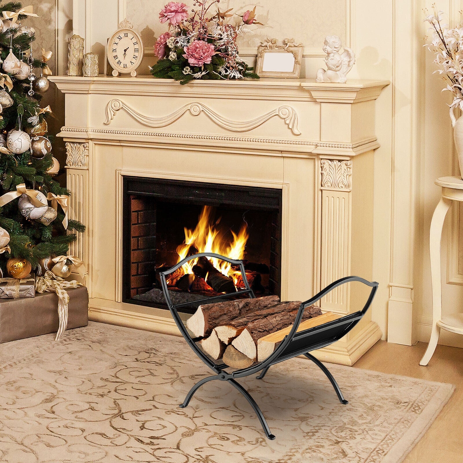 19 Inch Folding Fireplace Log Rack with Convenient Handle, Black Log Storage at Gallery Canada