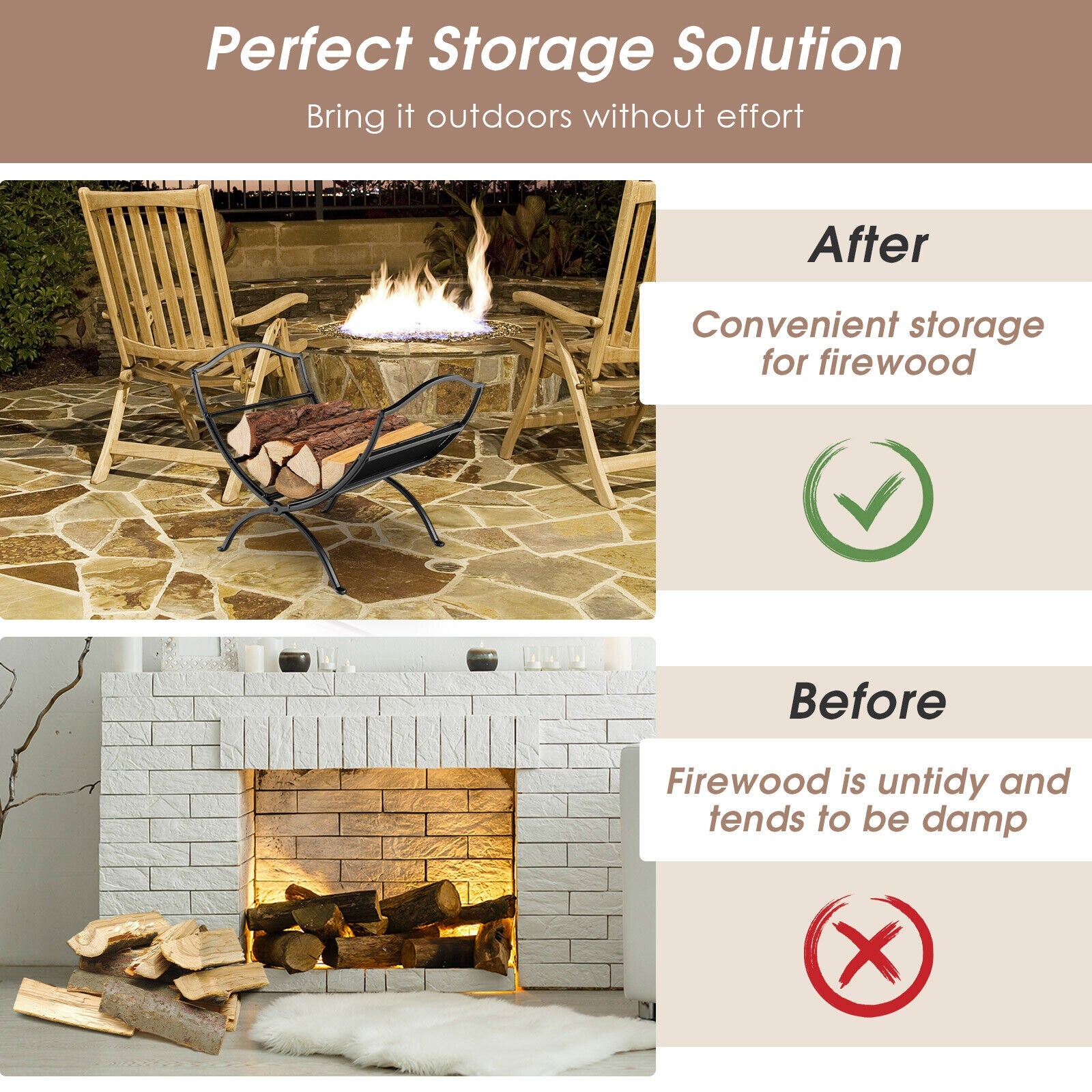 19 Inch Folding Fireplace Log Rack with Convenient Handle, Black Log Storage at Gallery Canada