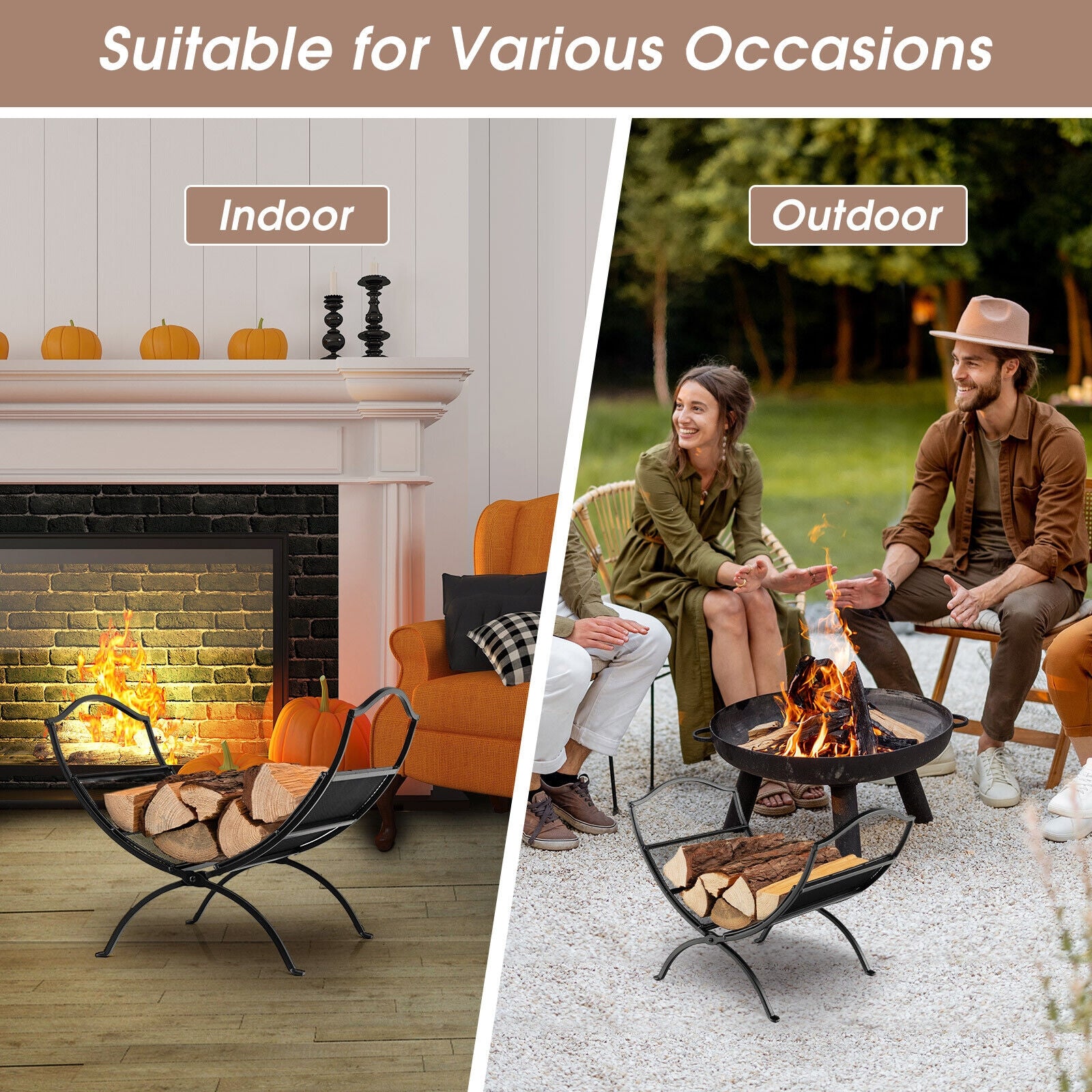 19 Inch Folding Fireplace Log Rack with Convenient Handle, Black Log Storage at Gallery Canada