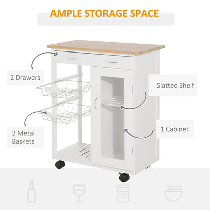 34" Rolling Wood Kitchen Trolley Serving Cart with Drawer and Cabinet Wheeled Kitchen Storage Island White with Bamboo Top Kitchen Islands & Kitchen Carts   at Gallery Canada