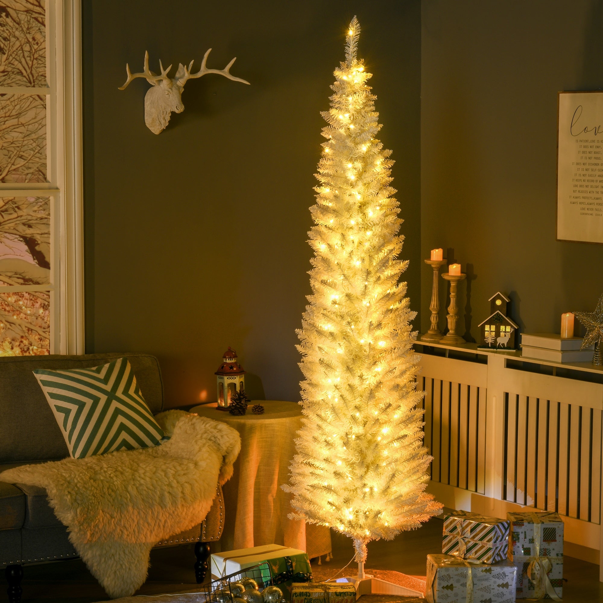 7' Pre Lit Artificial Pencil Christmas Trees, Xmas Tree with Realistic Branches and Warm White LED Lights, White Pencil Christmas Trees at Gallery Canada