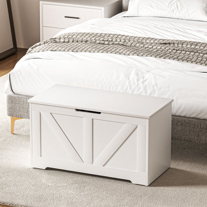 31.5 Inches Storage Chest, Storage Trunk with 2 Safety Hinges, Wooden Toy Box for Living Room, White Wood Grain Storage Cabinets   at Gallery Canada