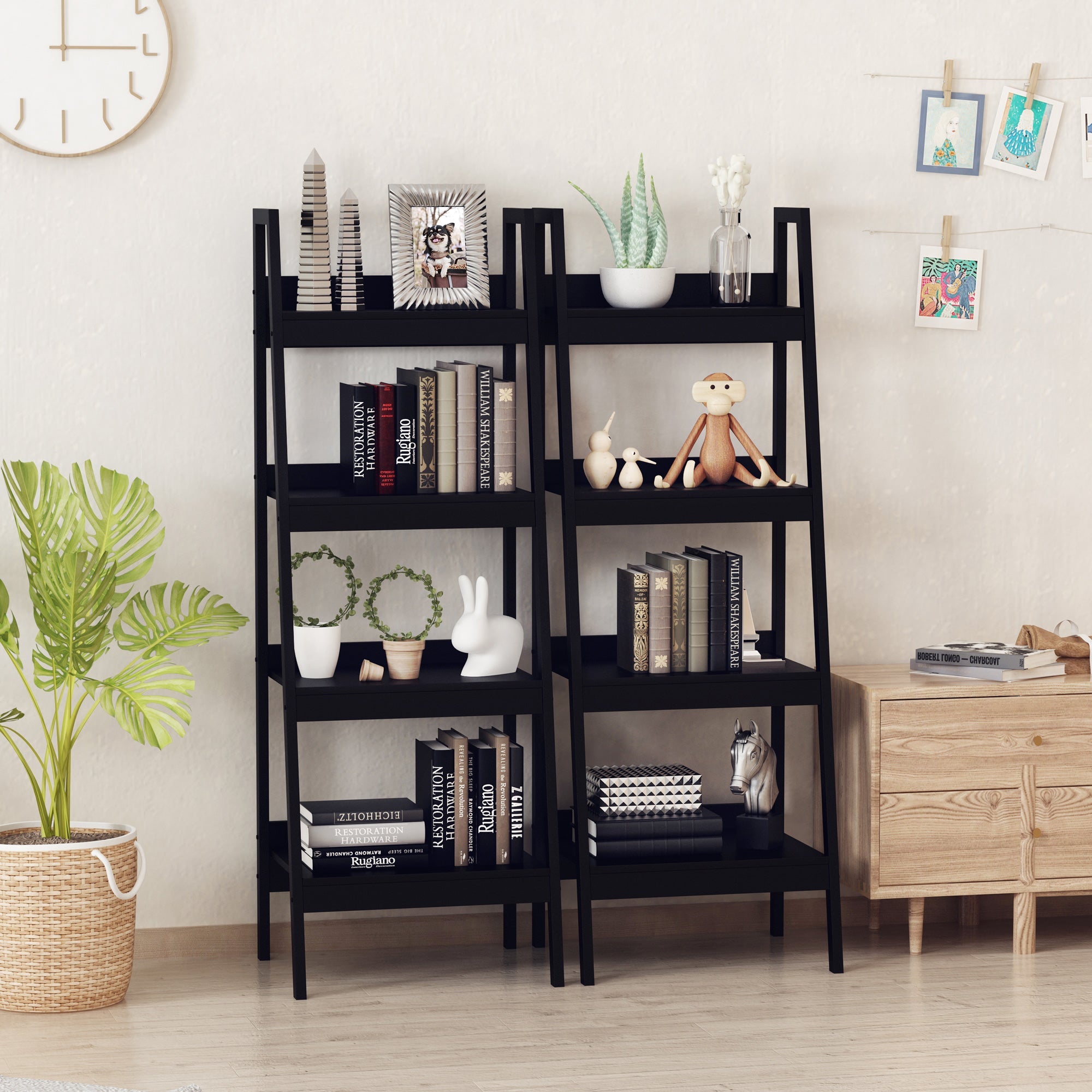 Set of 2, 4 Tier Ladder Shelf Bookcase, Multi-Use Display Rack, Storage Shelving Unit Display Stand, Flower Plant Stand, Home Office Furniture, Black Display Bookshelves   at Gallery Canada