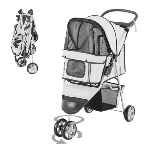 3 Wheels Foldable Dog Stroller with Storage Basket, Adjustable Canopy, Cupholder for Miniature and Small Dogs, Grey