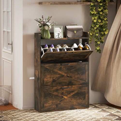 Narrow Shoe Storage Cabinet Farmhouse Shoe Cabinet with 3 Flip Drawers Adjustable Shelves for Entryway Rustic Brown