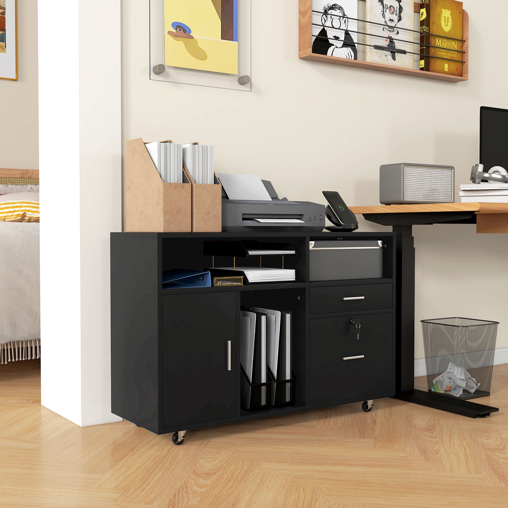 Mobile Printer Stand with Charging Station and USB Ports, Locking Filing Cabinet for A4 and Letter Size, Black Office Cabinets & Cupboards Black at Gallery Canada