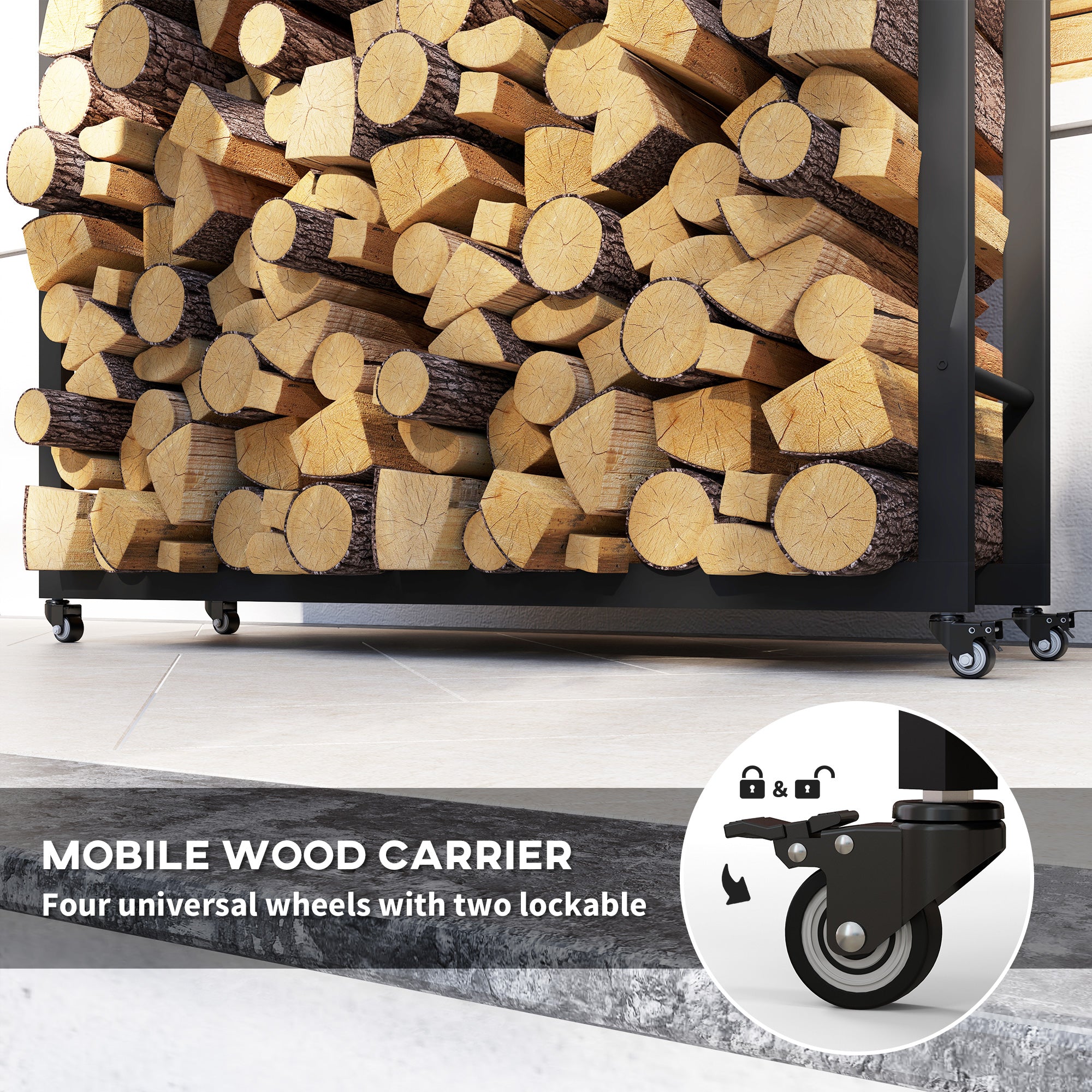 Outdoor Firewood Rack with Wheels Heavy Duty Steel Wood Log Storage Stacker for Fireplace, Black Firewood Racks at Gallery Canada