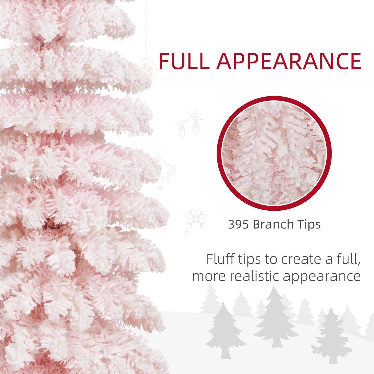 6ft Snow-Flocked Artificial Christmas Tree, Slim Pencil Xmas Tree with 395 Realistic Branches, Metal Base, Pink Pencil Christmas Trees at Gallery Canada